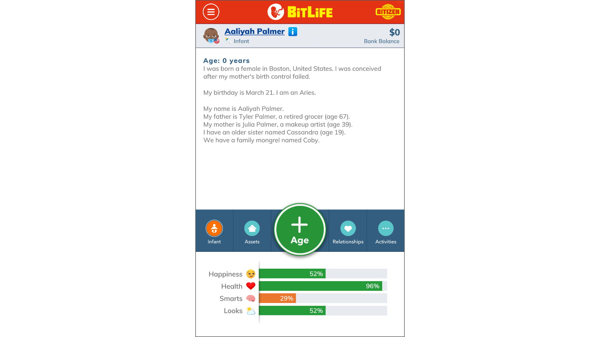 Simulated life progress bar showing career and relationship stats in BitLife