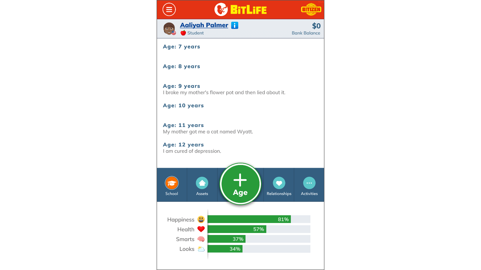 BitLife game character making life decisions in a virtual interface