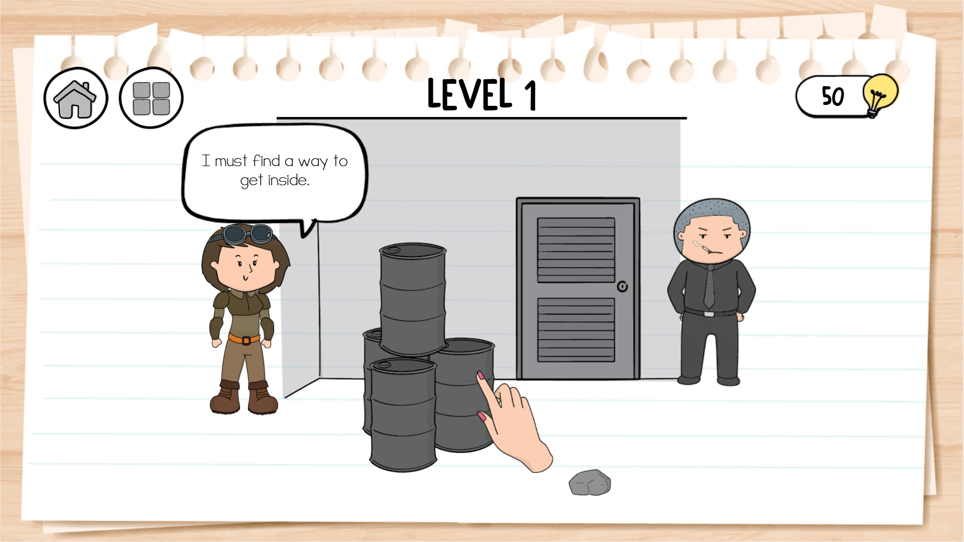 Brain Test 3 gameplay showing a player solving a puzzle by dragging objects to help a character escape a trap2
