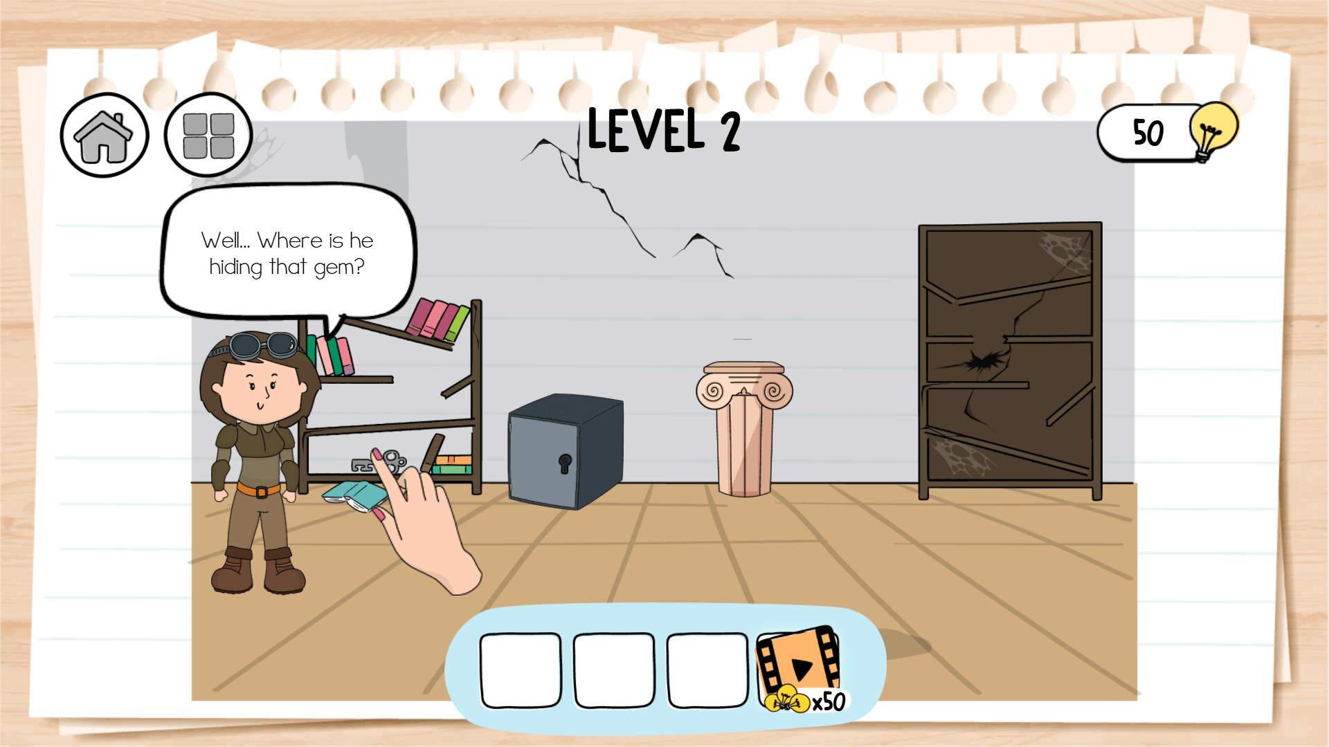 Brain Test 3 gameplay showing a player solving a puzzle by dragging objects to help a character escape a trap
