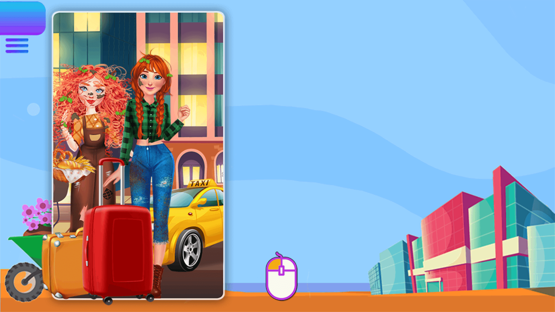 Merida and Anna in countryside clothes, preparing for a city-style makeover in Country Girl City Girl game.