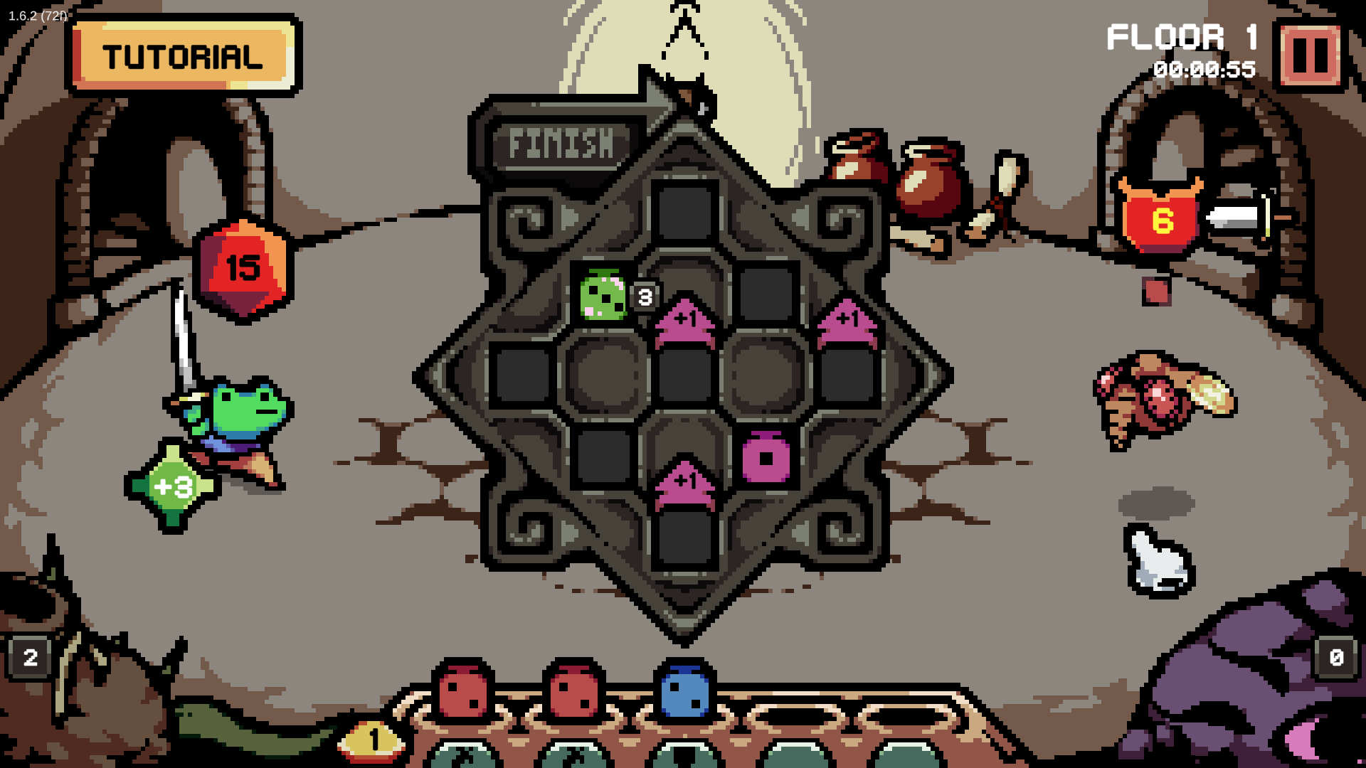 Turn-based dice battle in Die in the Dungeon with enemies and player dice on the board