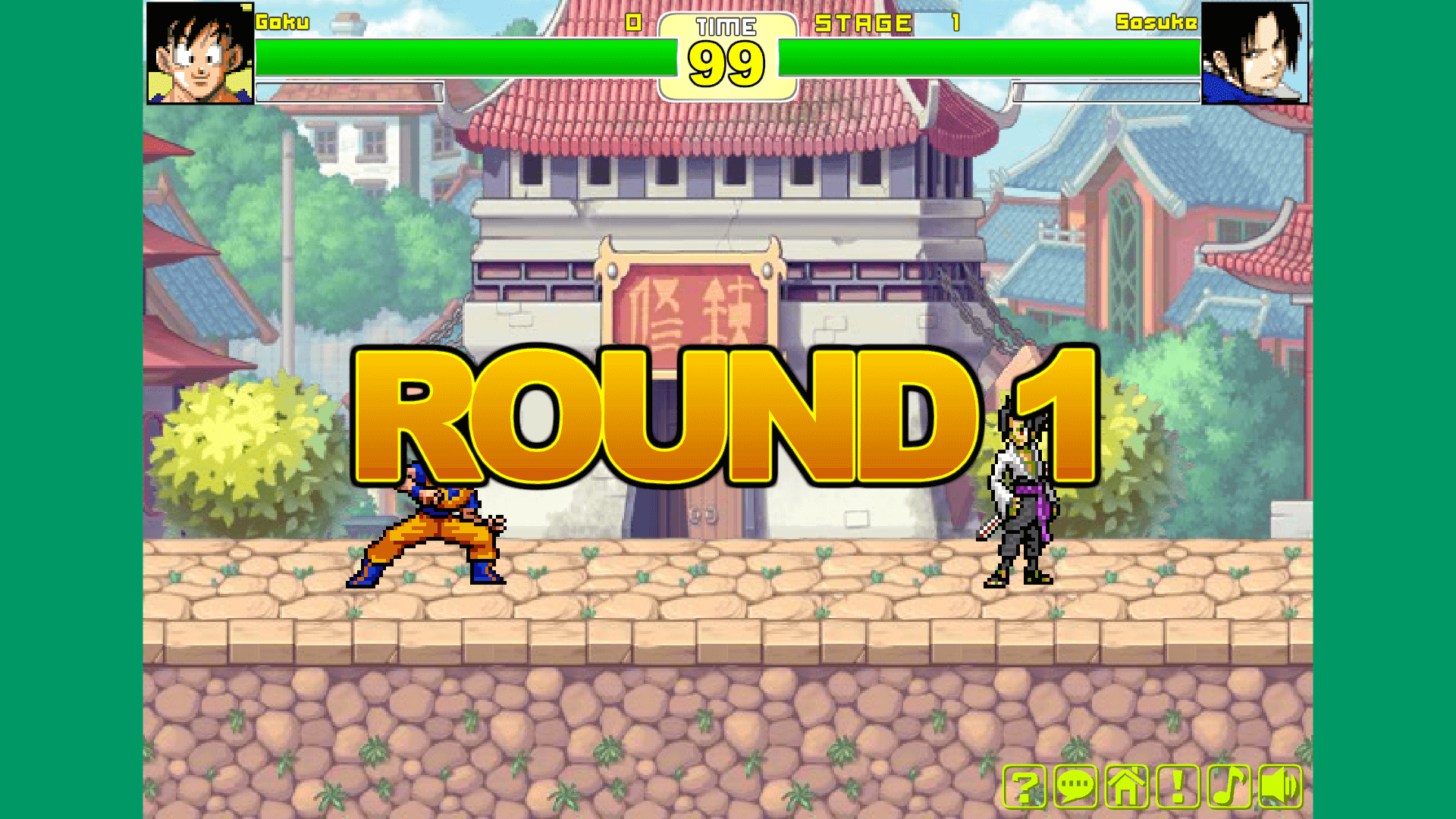 Dragon Ball Z vs Naruto main menu with character selection and retro background