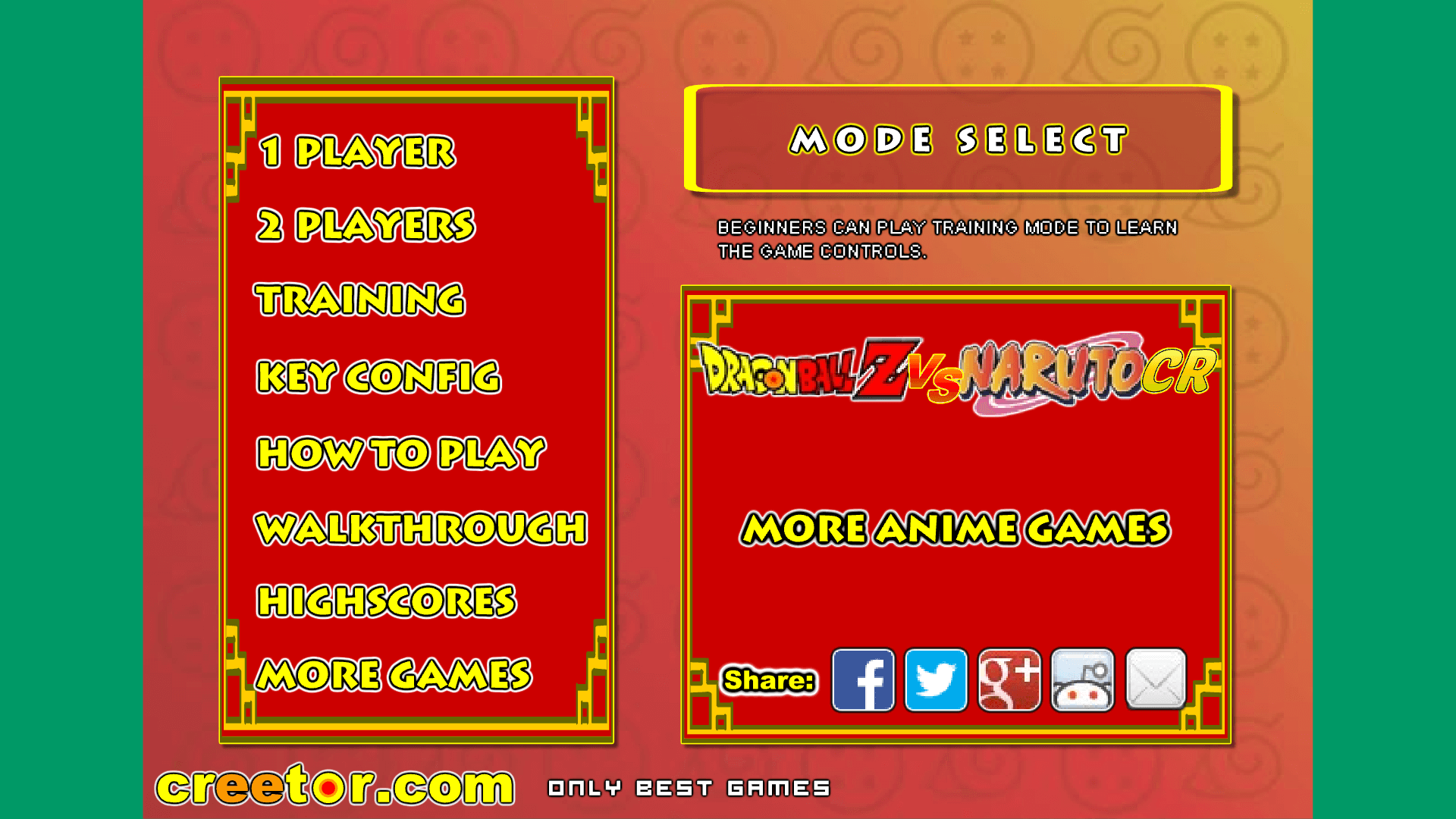 Character selection screen showing Goku, Vegeta, Naruto, and Sasuke as playable fighters