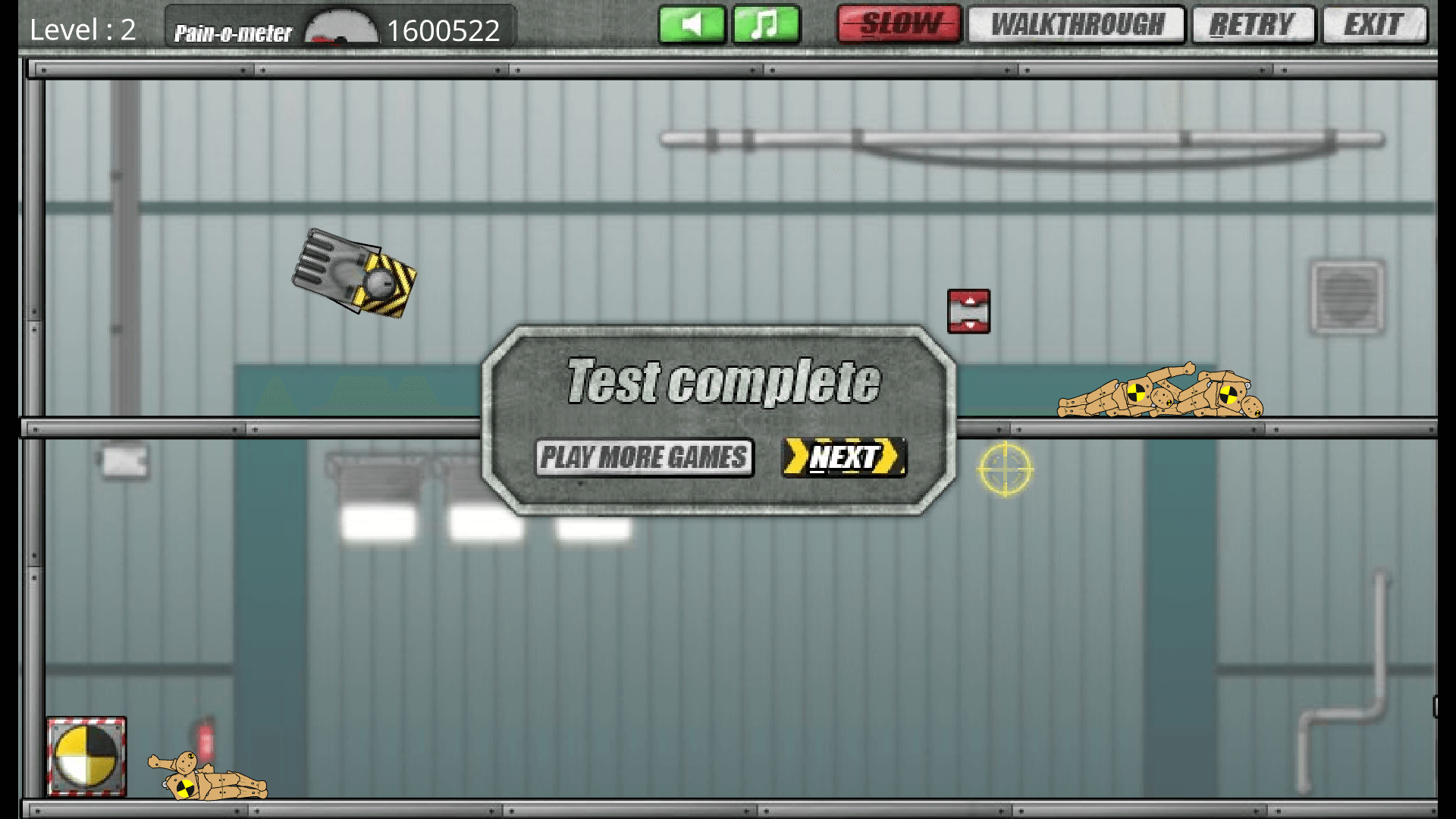 Dummy Never Fails main menu with crash test dummy and play options