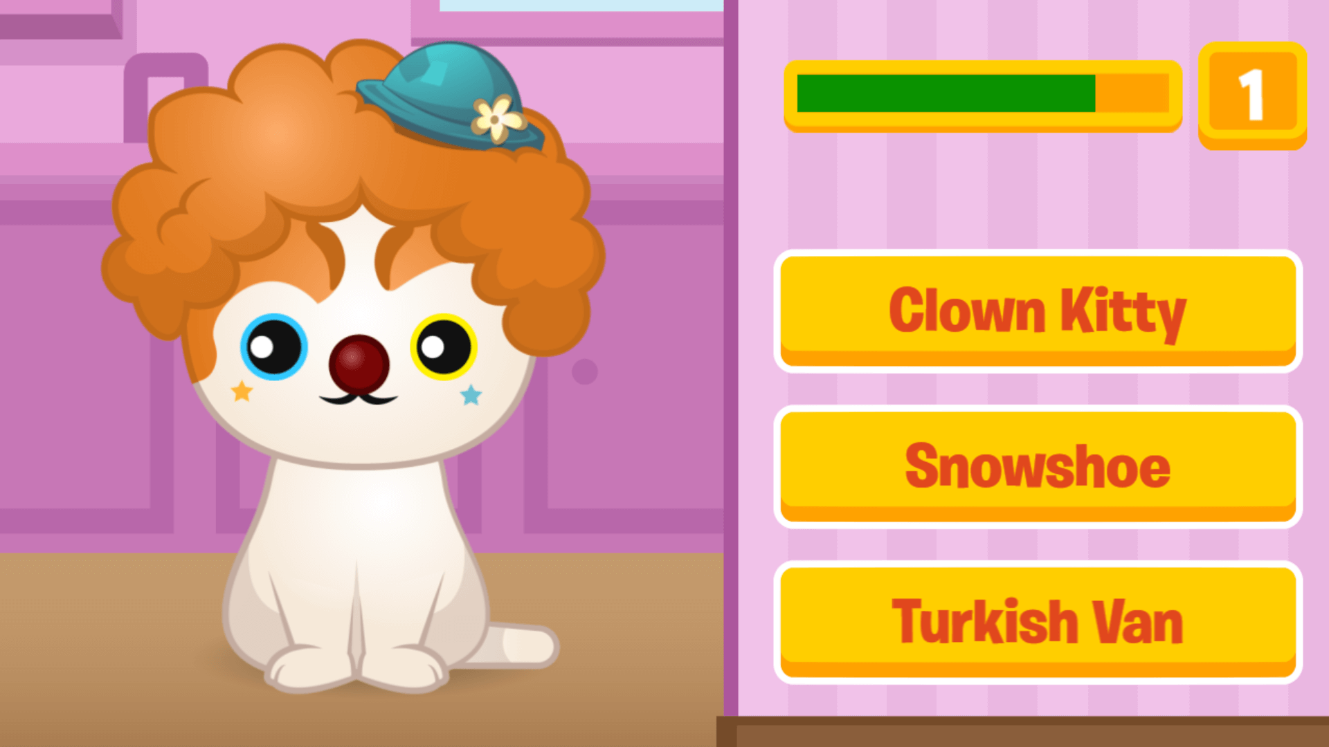 Guess The Kitty gameplay showing a cat photo and three breed name options for the player to choose from2