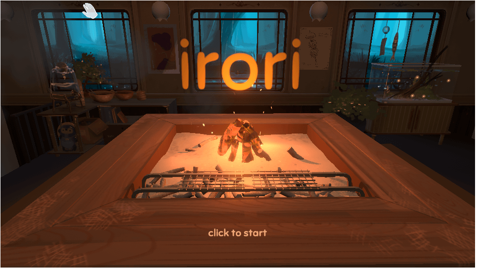 Colorful 3D BBQ skewers cooking in the Irori game’s cozy train kitchen