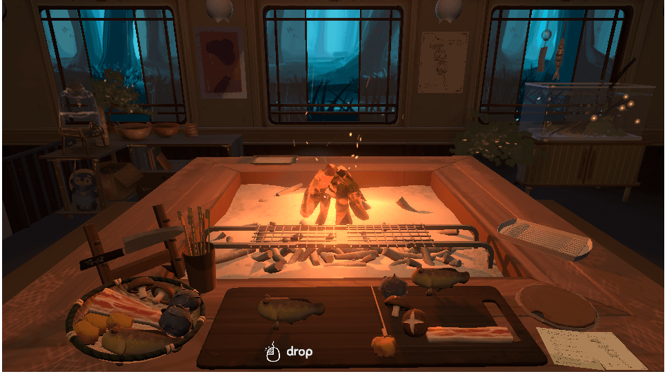 Chef grilling skewers on a BBQ inside a train cabin in Irori game