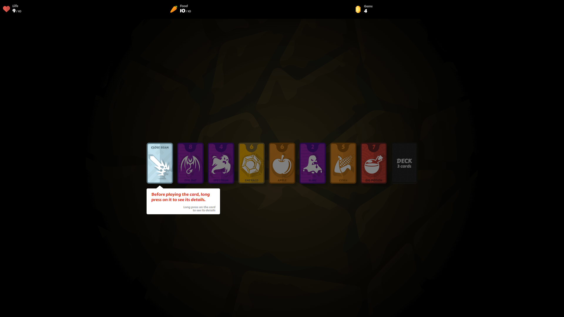 Player confronting a monster card in Mind Cards strategy game