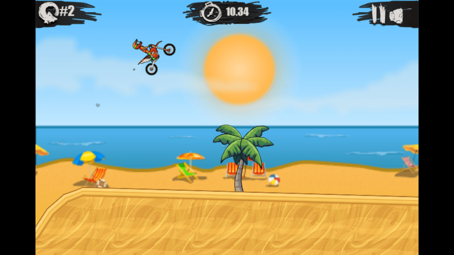 Motorbike racer performing a stunt mid-air in Moto X3M