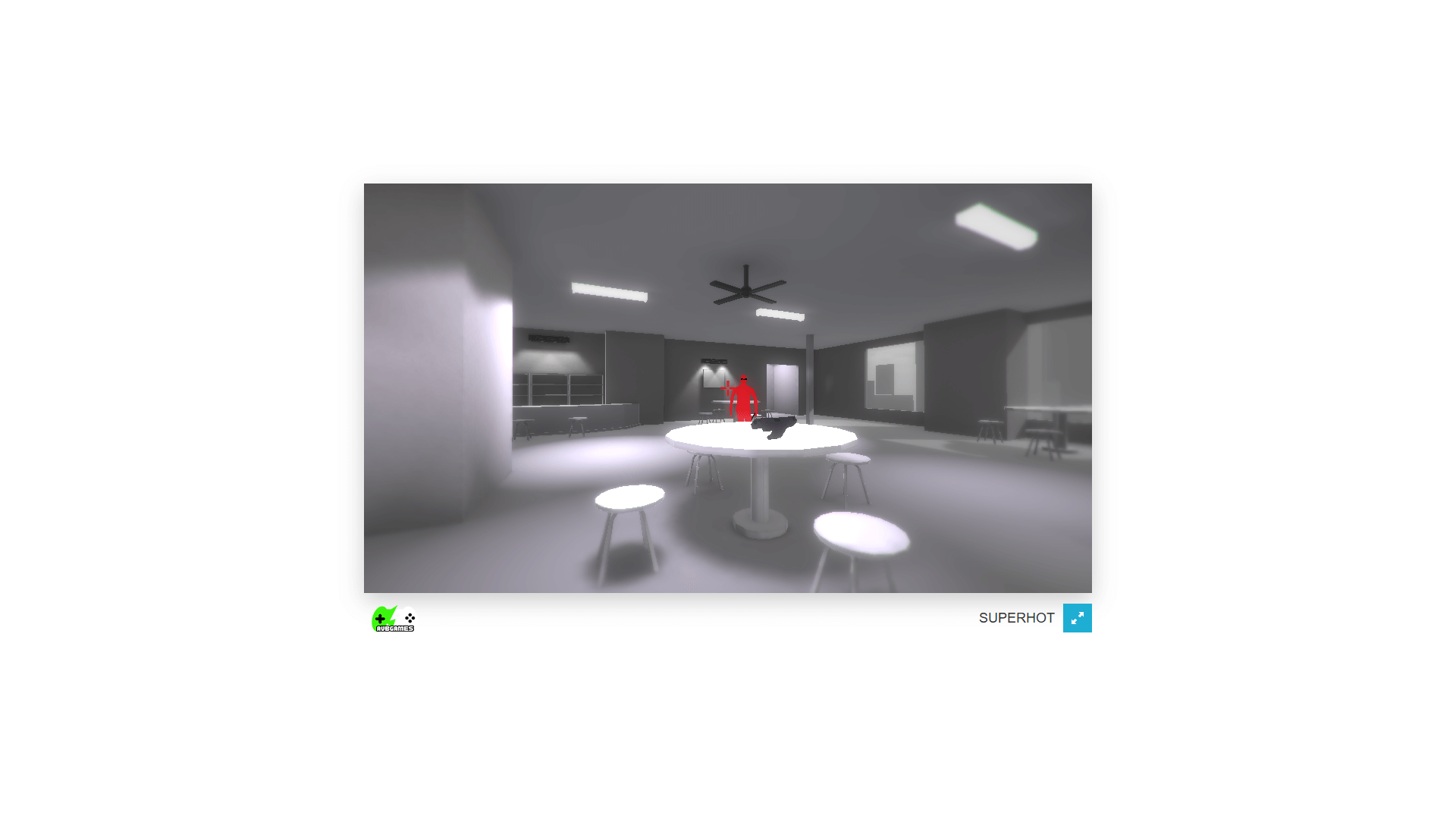 Player firing at enemies during a time-slowed action sequence in SUPERHOT