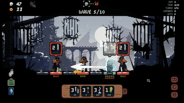 Pixel-art character battling enemies on a turn-based grid in Shogun Showdown
