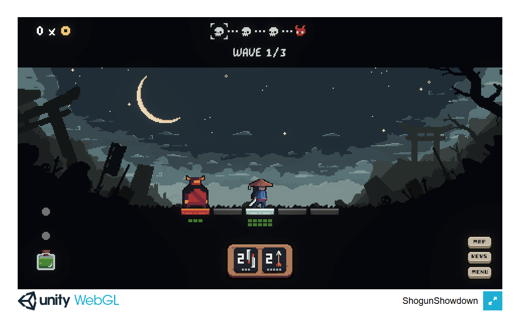 Feudal Japan-inspired pixel character preparing for combat in Shogun Showdown