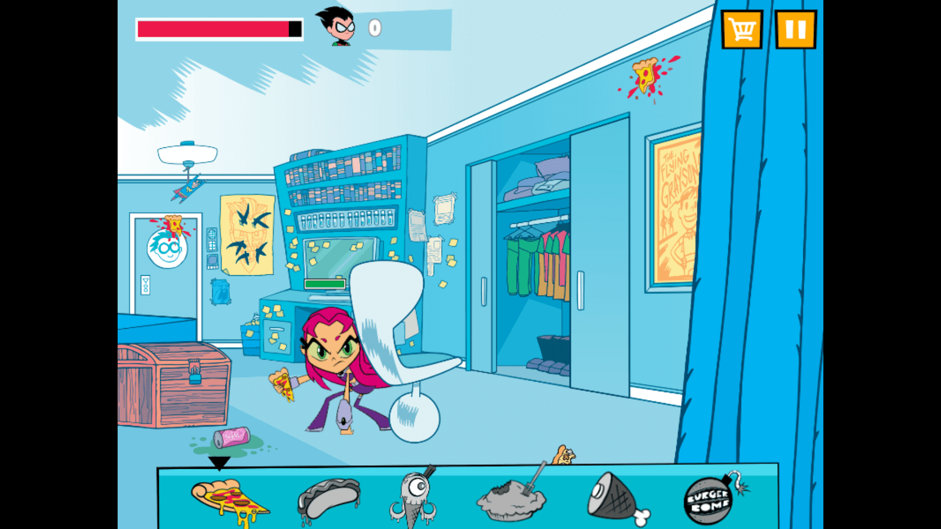 Robin throwing pizza in Teen Titans Go: Food Fight game2