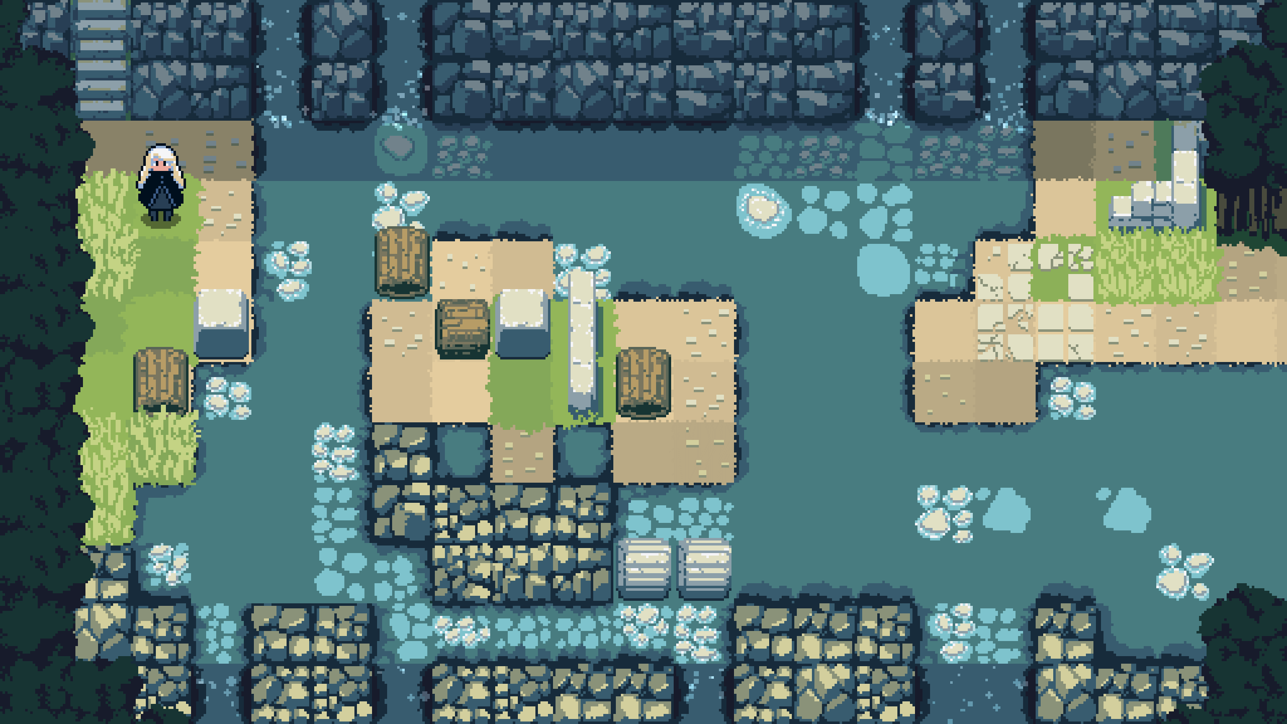 Player pushing a wooden block in a forest puzzle area in The Legend of Lumina