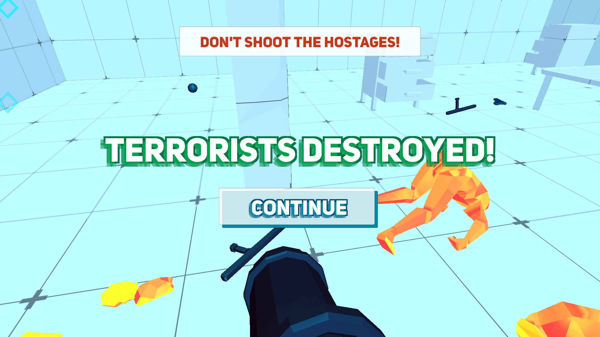Player securing hostages after defeating enemies in Time Shooter 3: SWAT