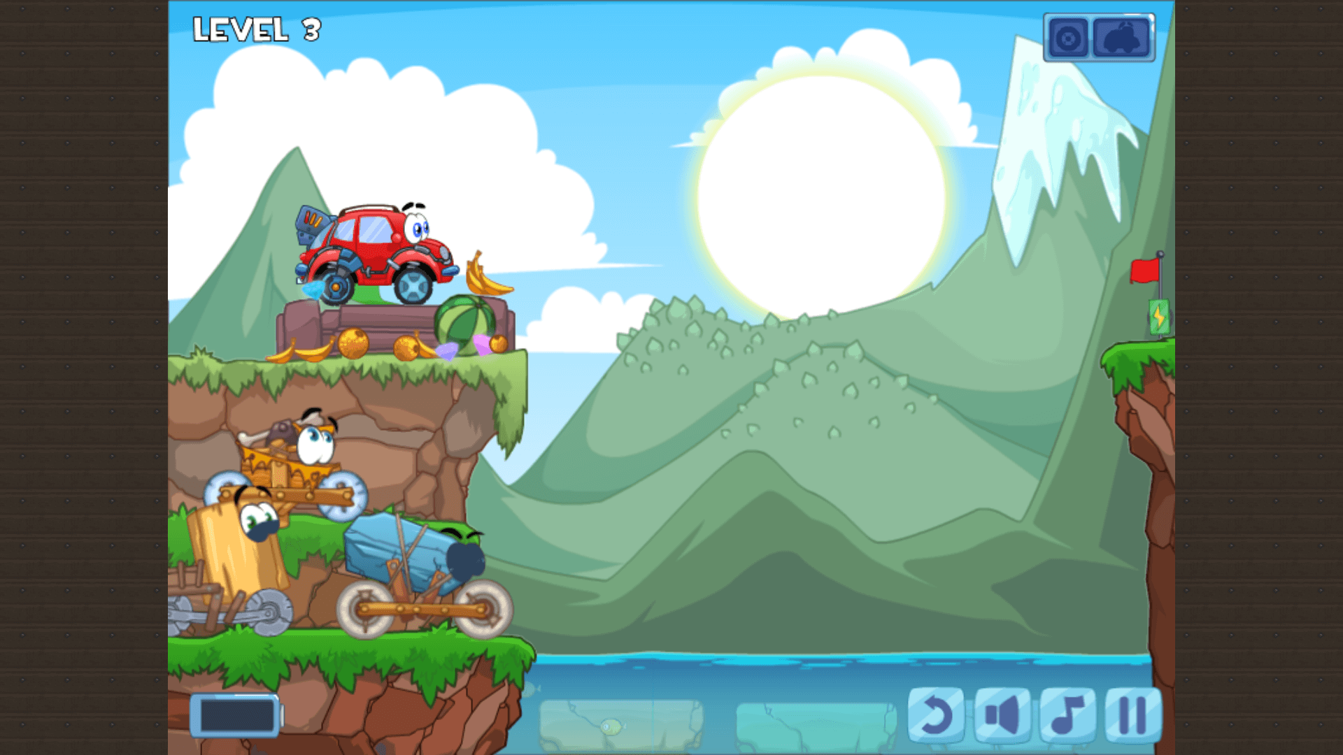 Wheely the red car in a prehistoric scene with dinosaurs