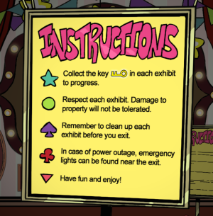Player interacting with a creepy exhibit in a circus-themed room