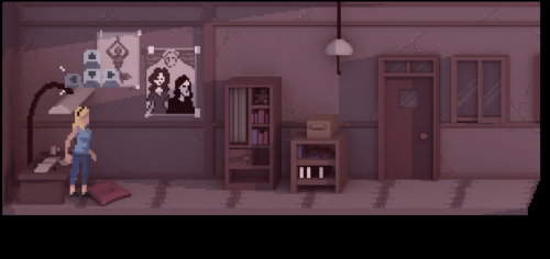 Pixel art scene of a character walking down a dark hallway in NextDoor
