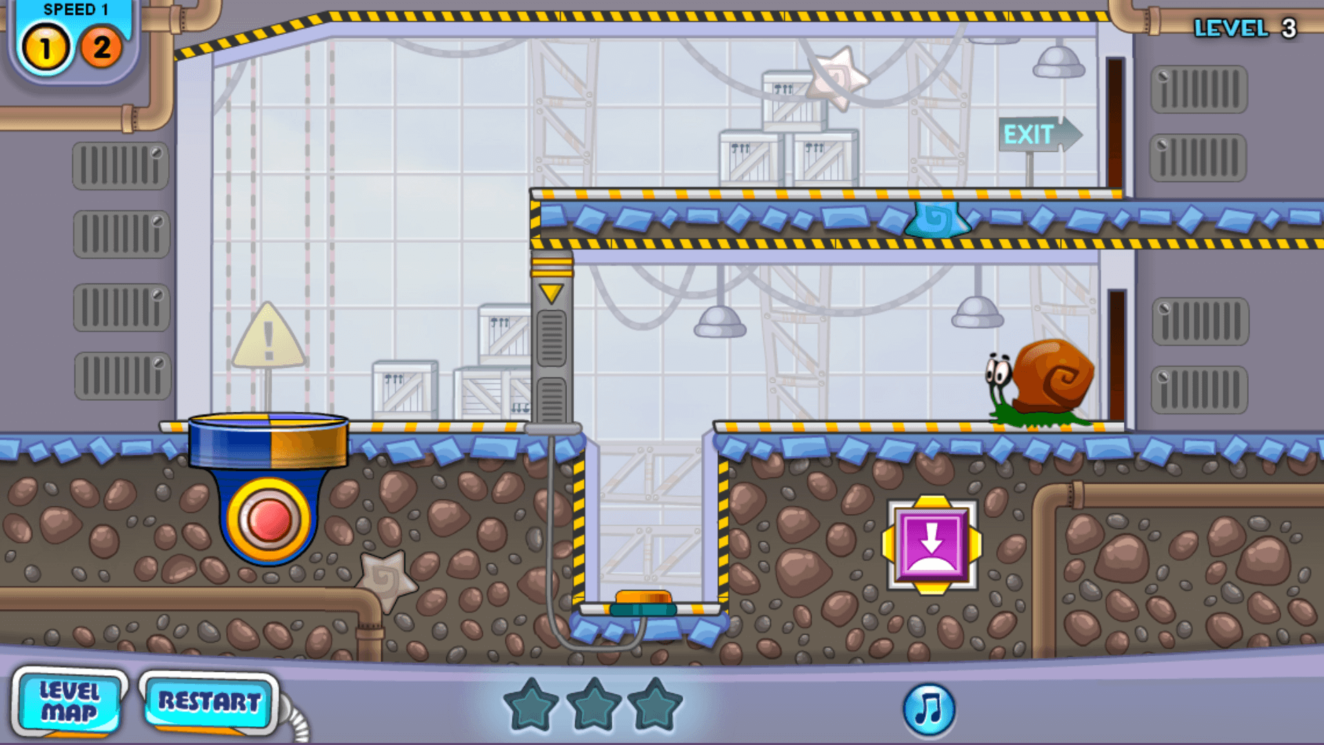 Snail Bob floating through space in a puzzle-filled level