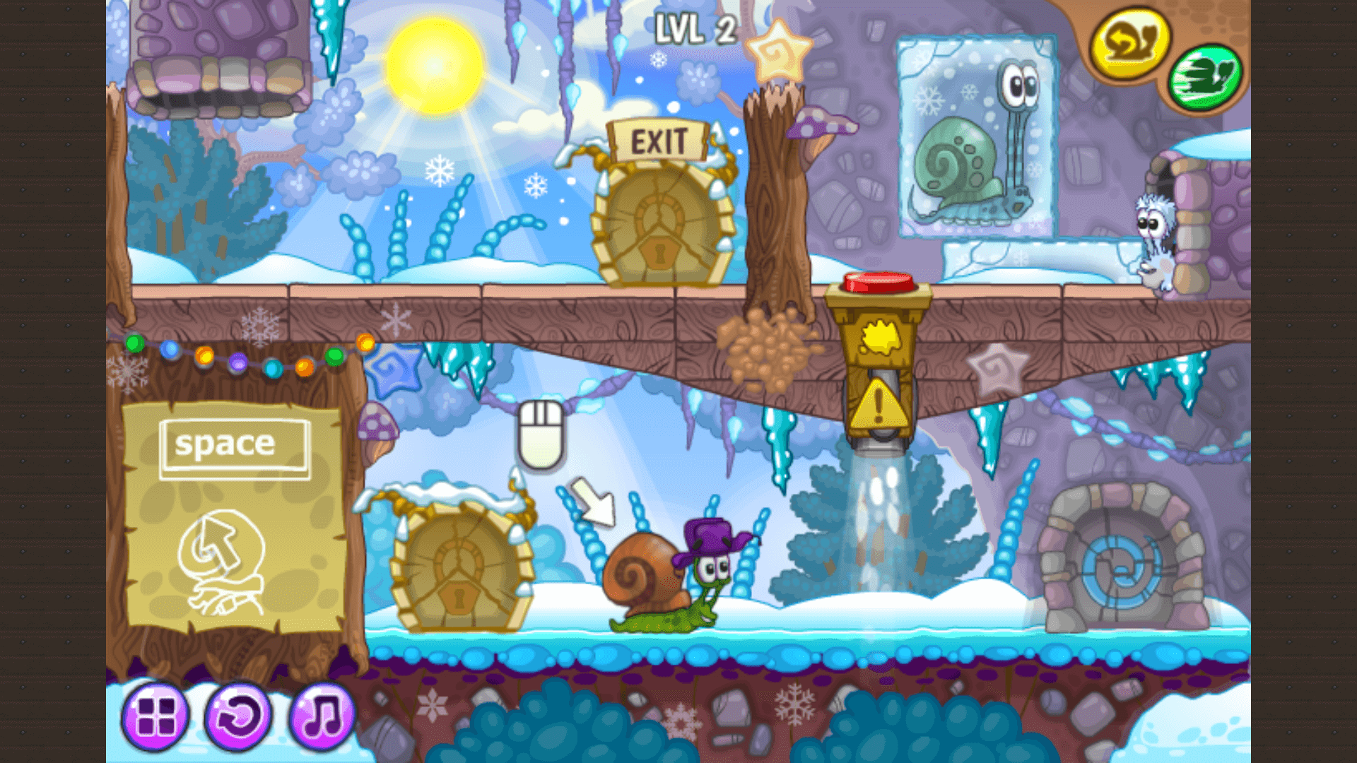Snail Bob navigating a snowy puzzle level with icy obstacles