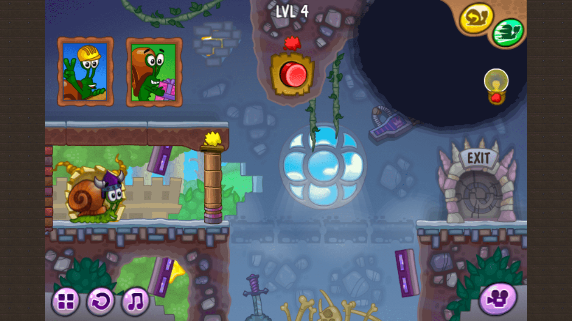 Snail Bob facing a dragon in a dreamlike fantasy level 