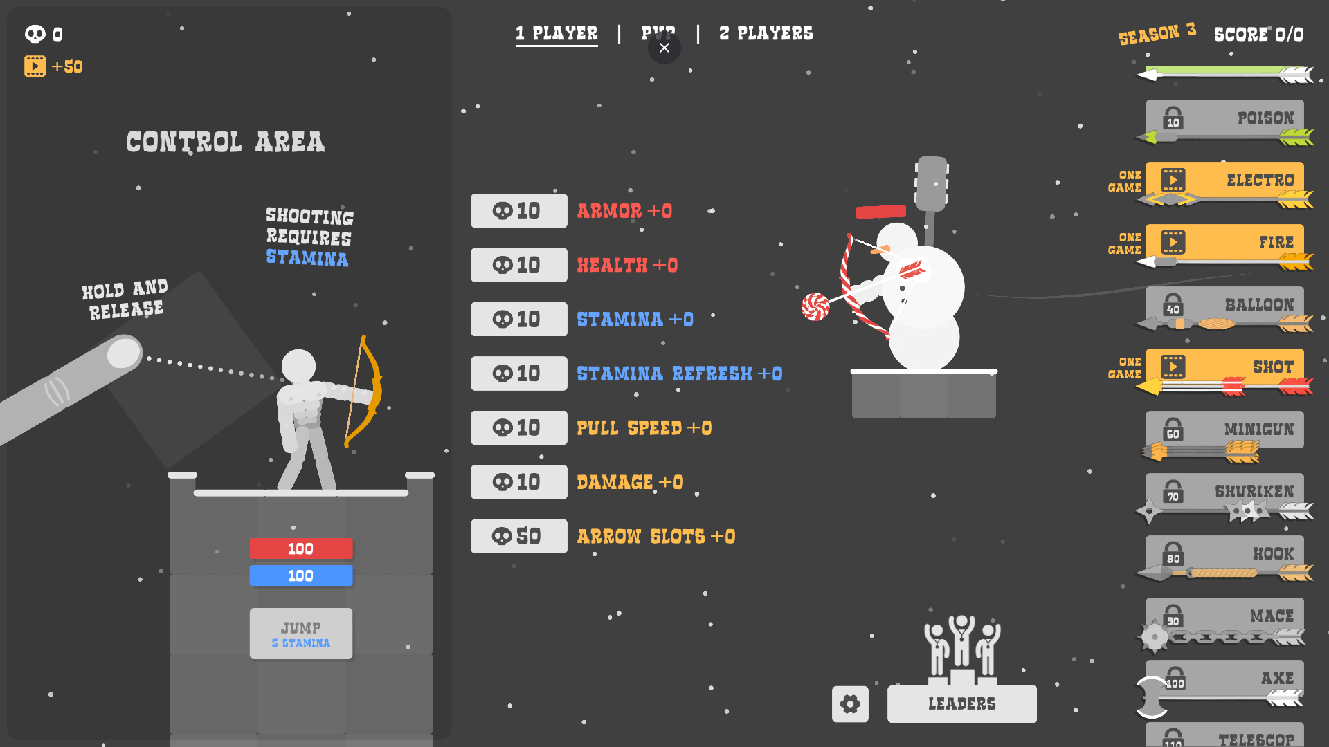 Stickman archer aiming in zero-gravity arena in Ragdoll Archers