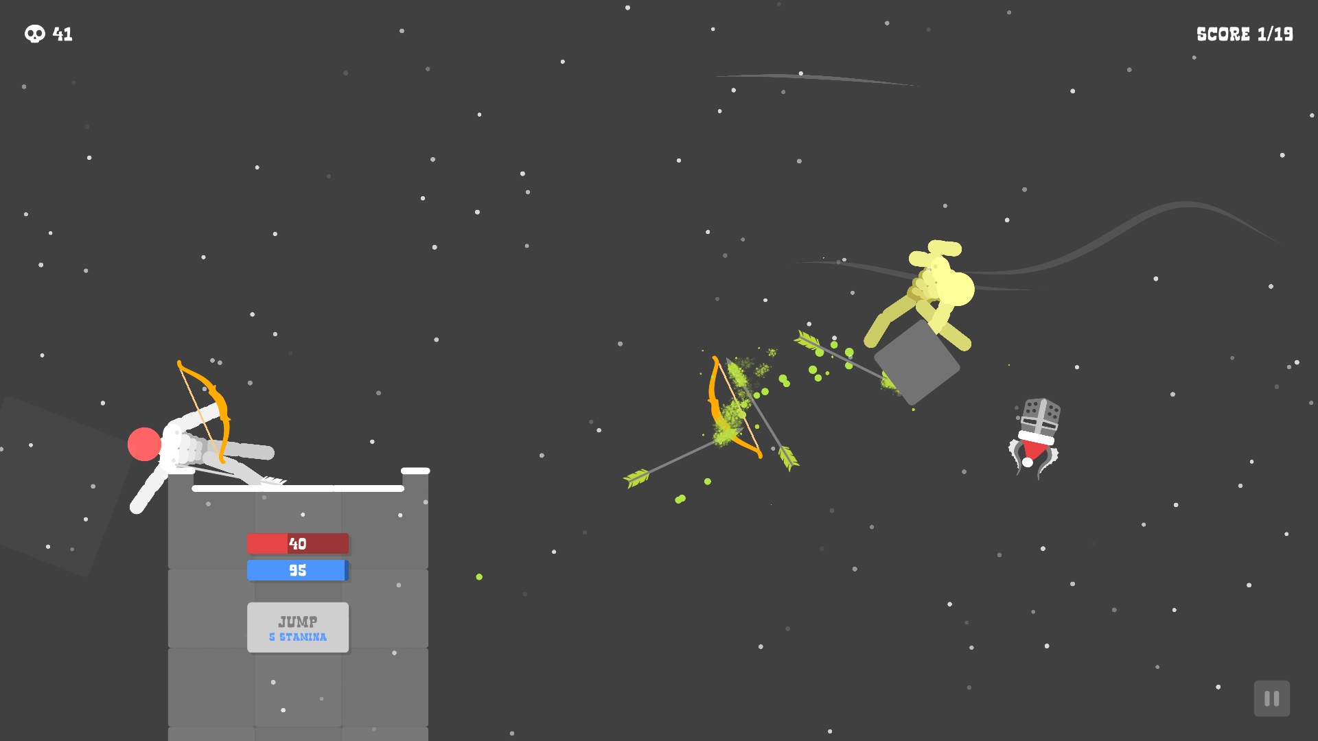 Electric arrow hitting an opponent with ragdoll physics effect