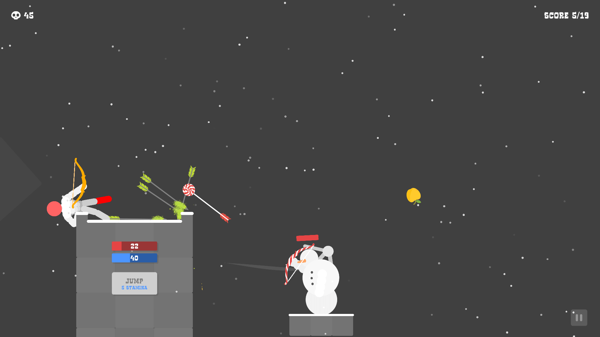 Two stickman archers dueling in PvP mode with arrows flying