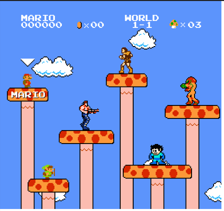 Retro level with Samus Aran battling Goombas