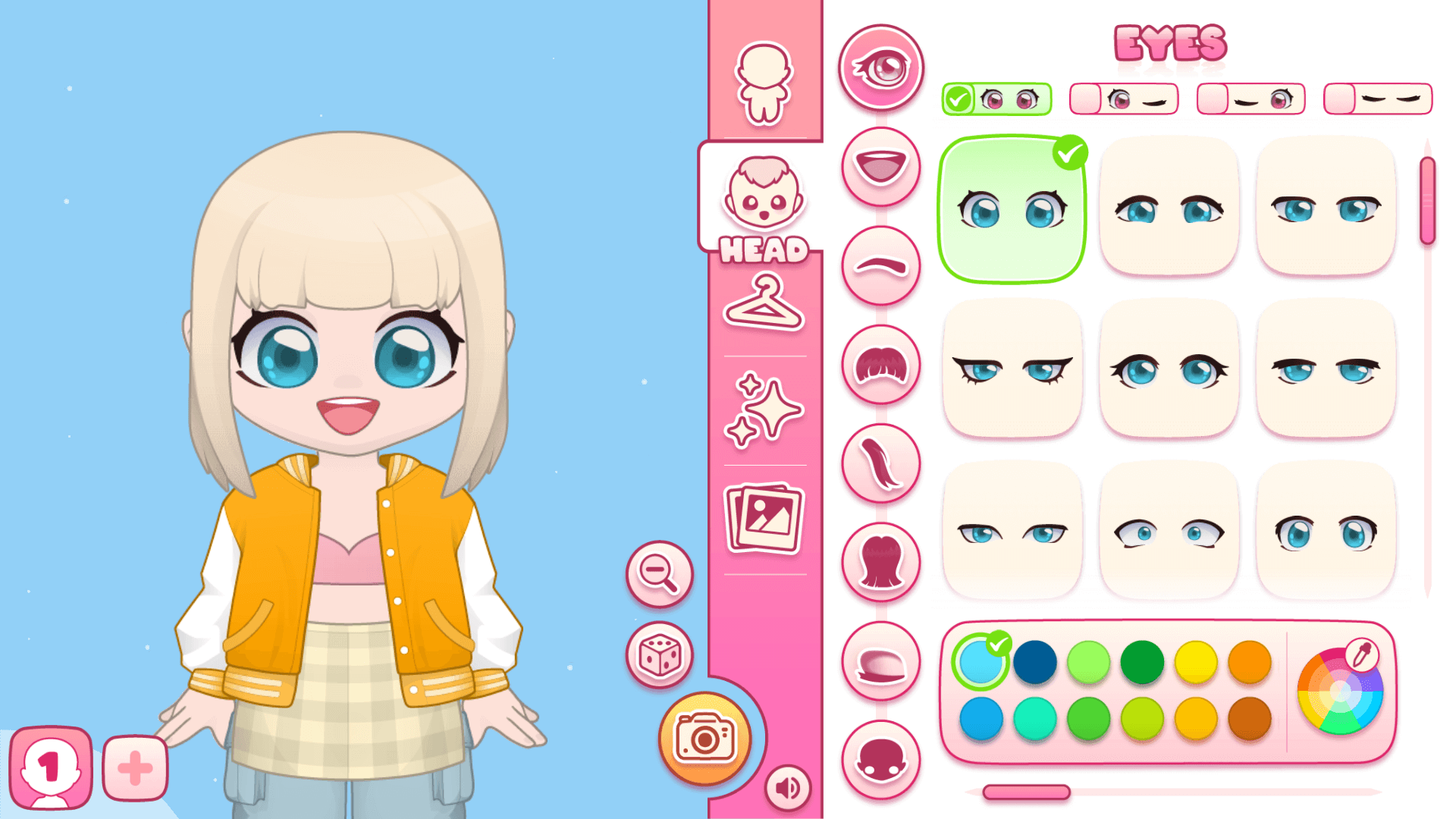 SnapStyle Dress Up game – character customization with detailed face and outfit options