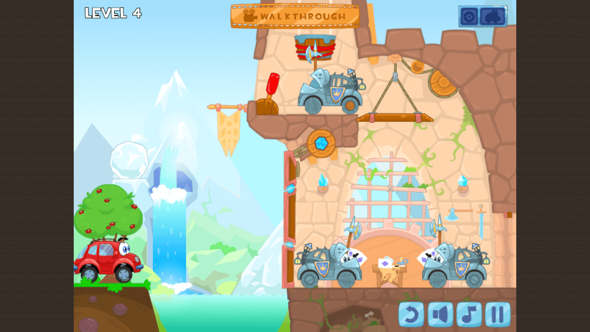 Wheely the red car in a medieval castle scene with a drawbridge 