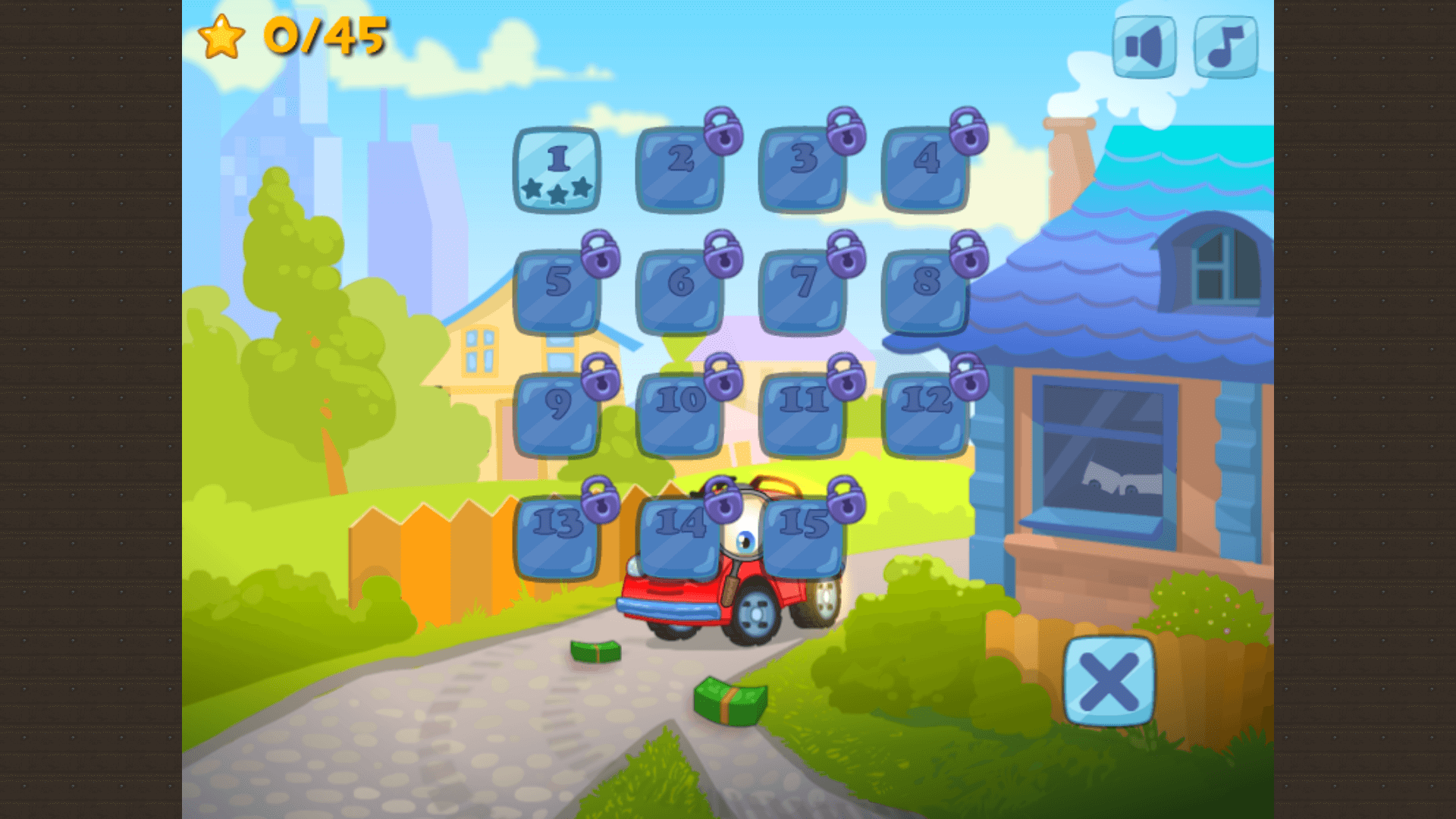 Puzzle level with Wheely navigating through security systems