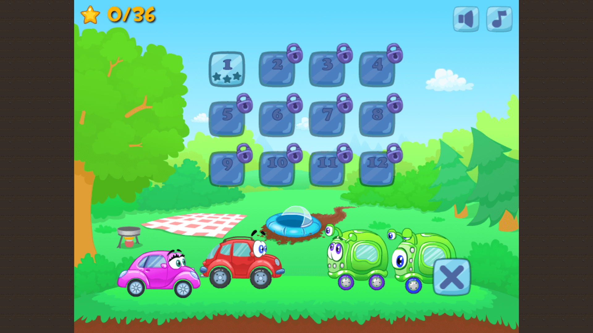 Puzzle scene with Wheely helping aliens repair their spaceship