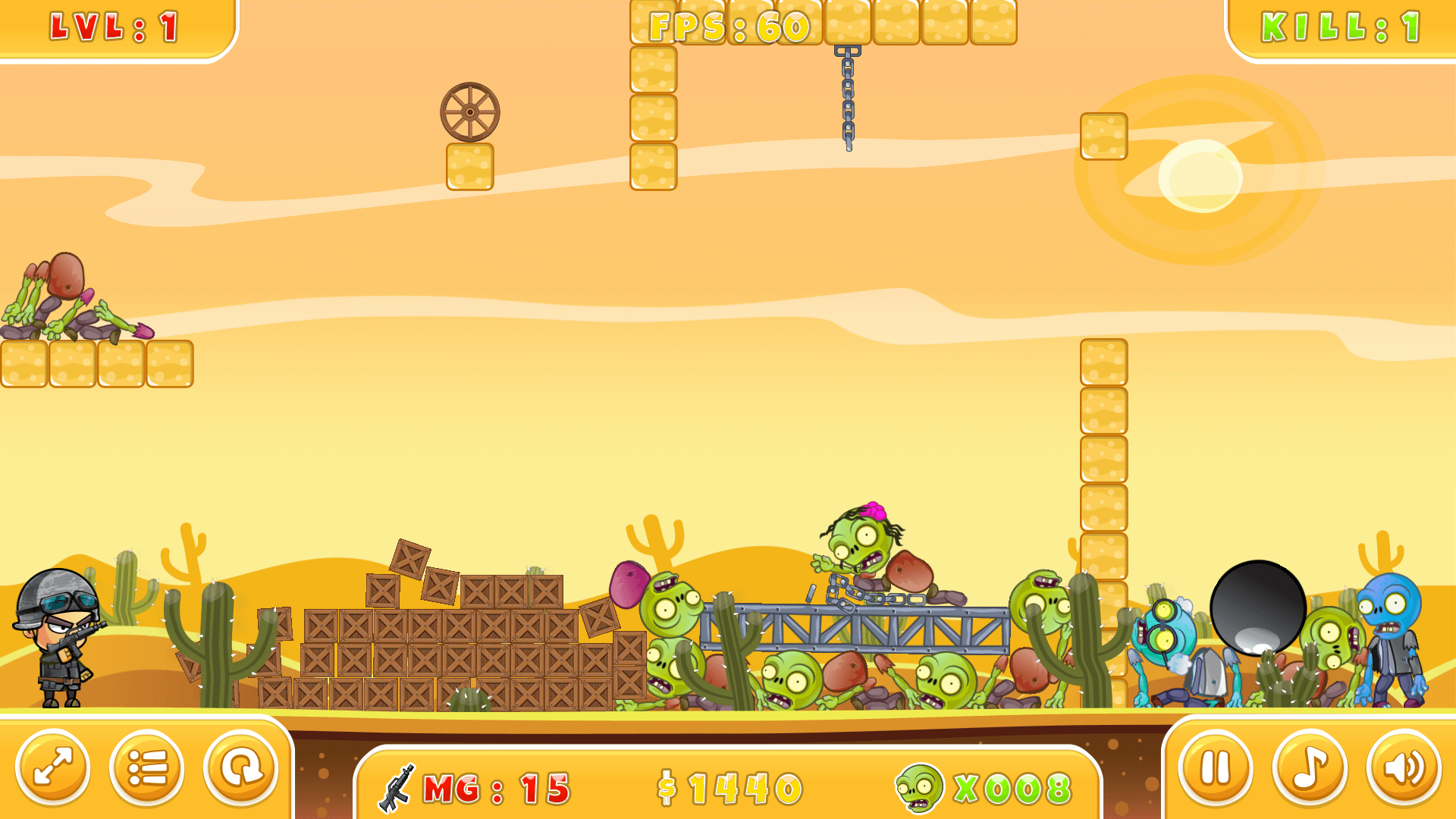 Zombie Shooter 2D gameplay showing bullet ricocheting to hit targets