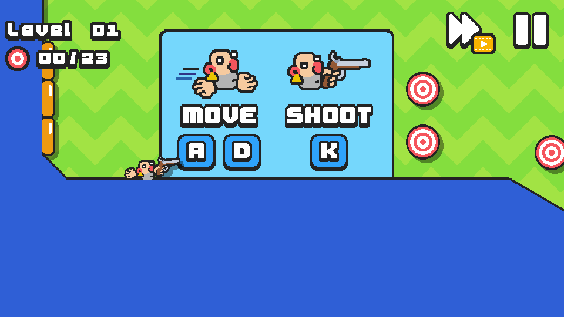 Action scene from Brigand Brigade with a character mid-air aiming at moving targets