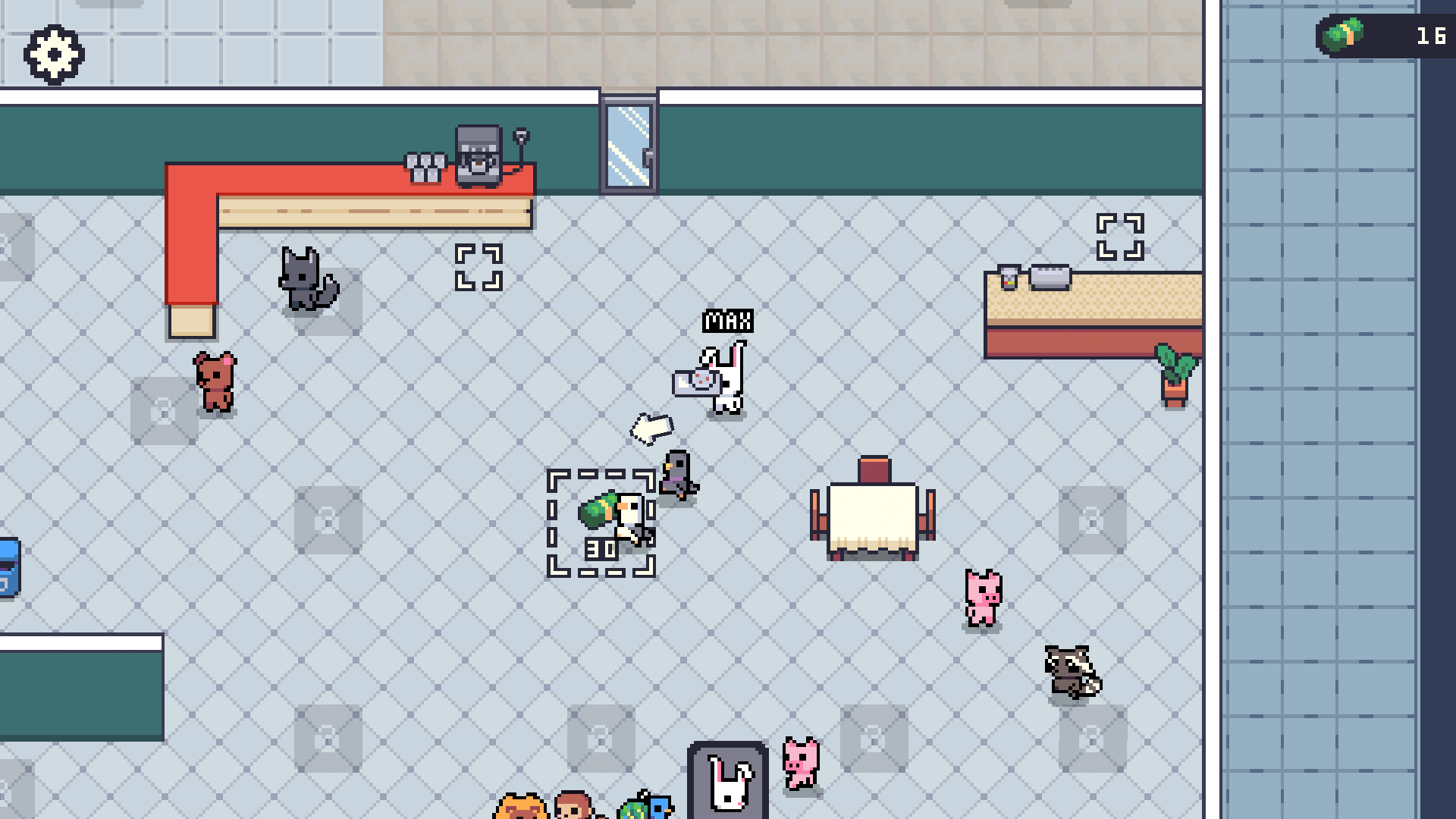 Gameplay showing bunnies serving customers in a cozy café