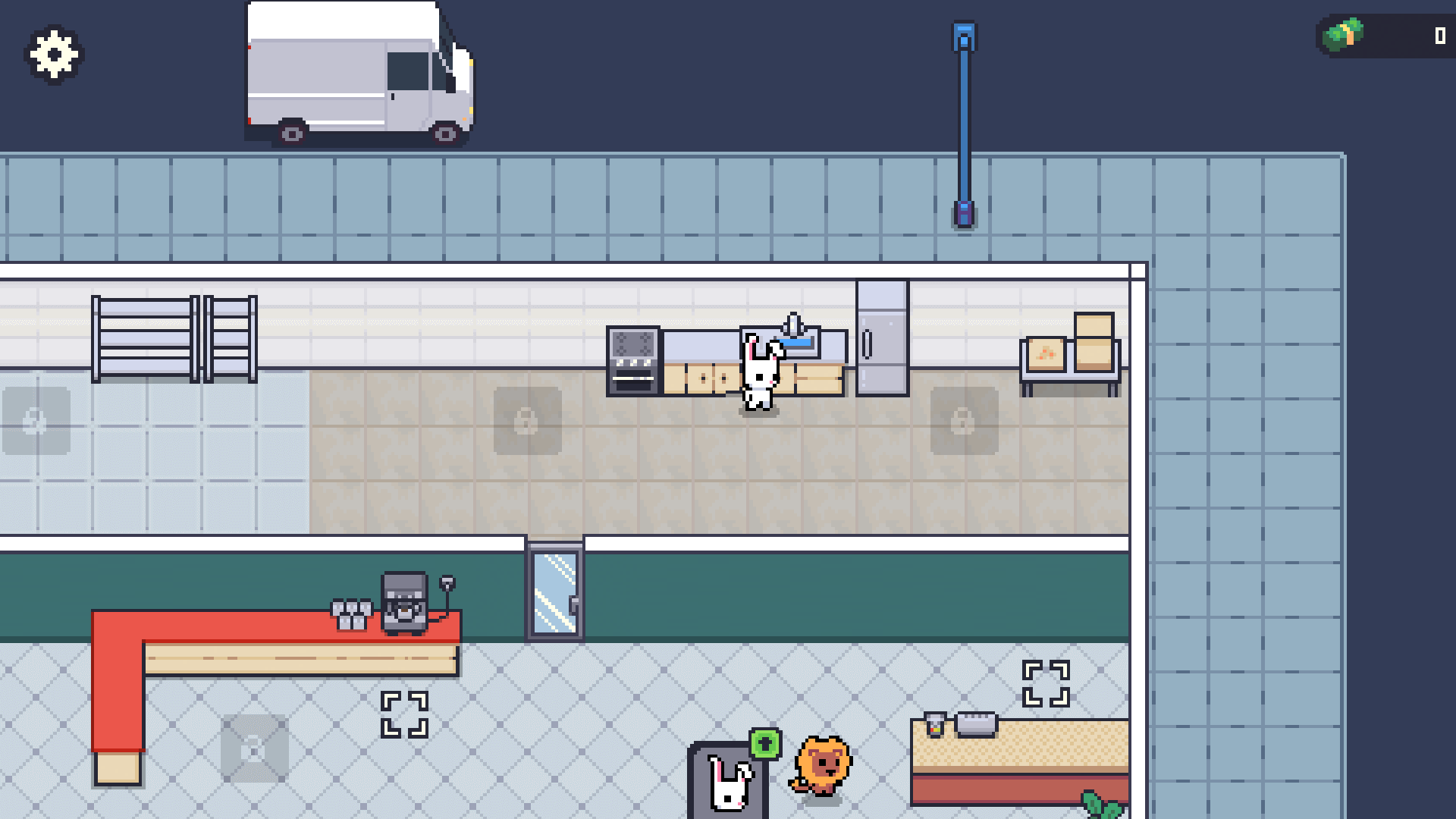 Bunny Bistro level screen with recipe icons and upgrade options