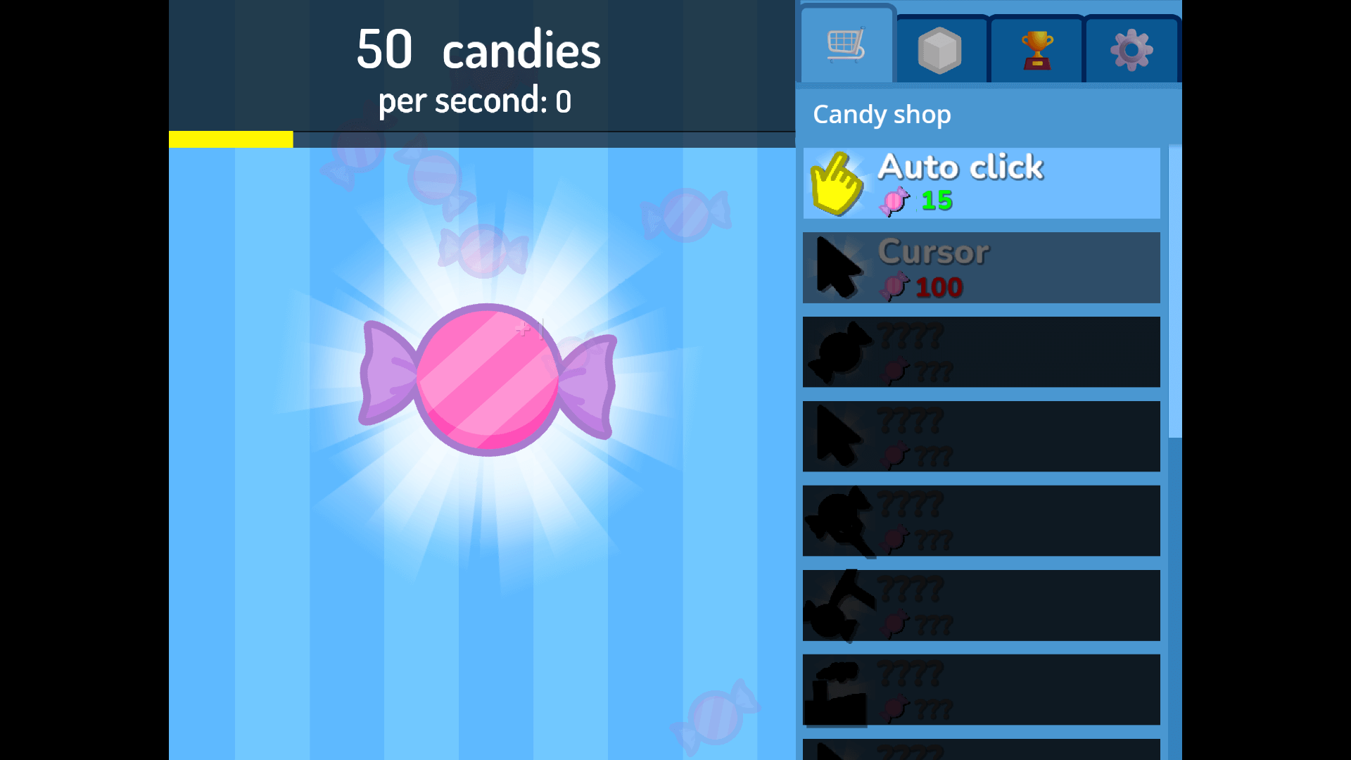 Upgrade menu in Candy Clicker 2 showing power-ups and production boosters