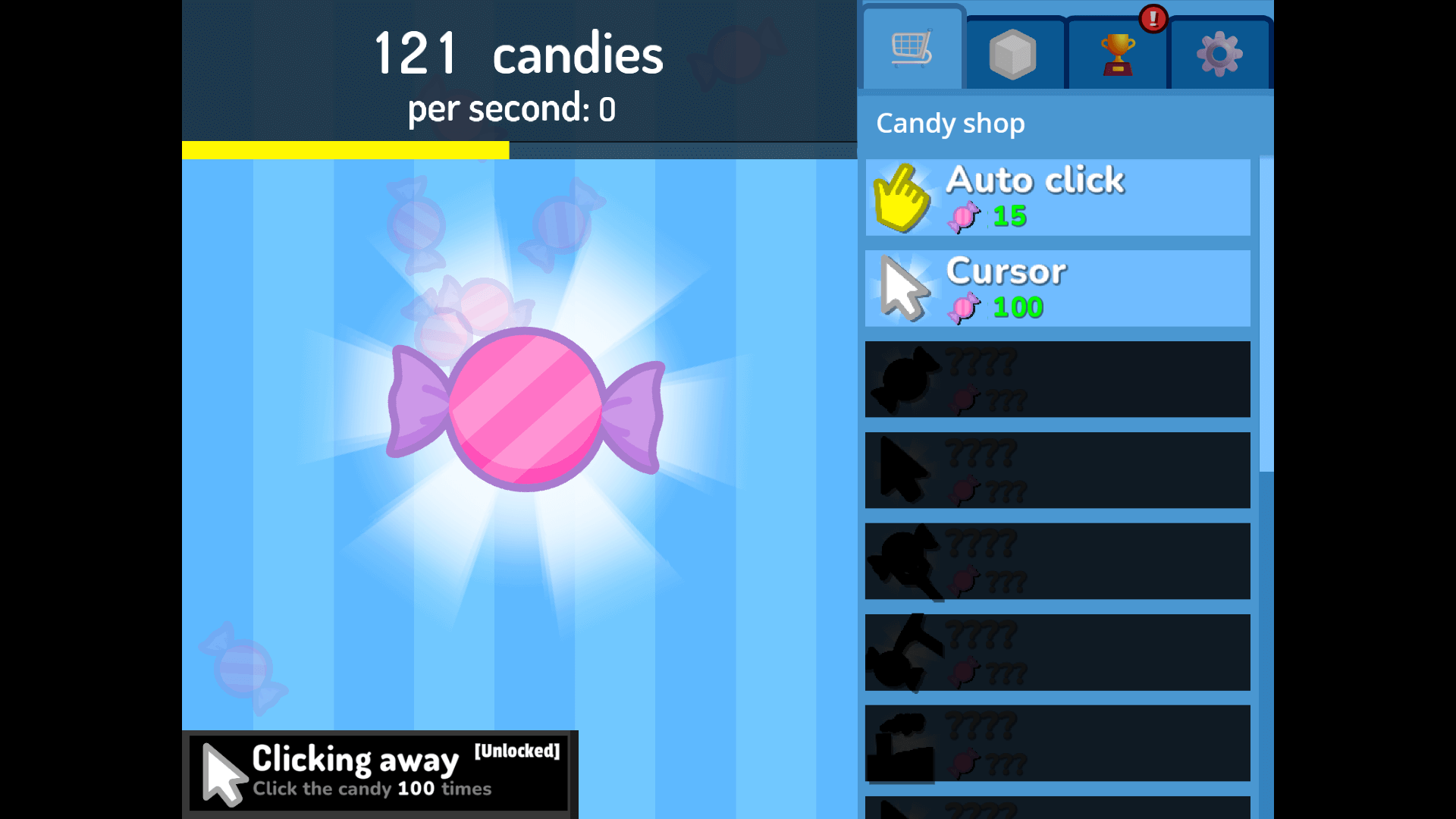 Clicking on a giant candy in Candy Clicker 2 to produce sweets