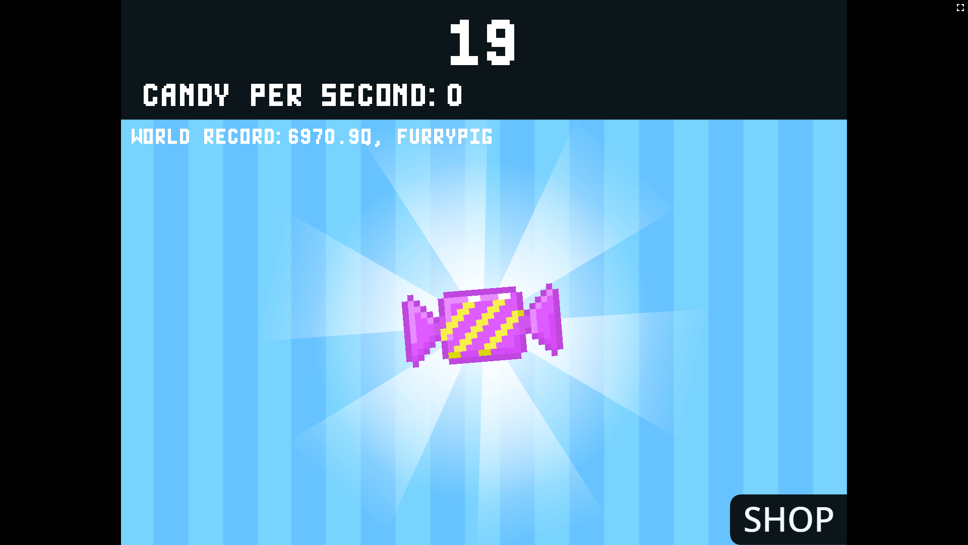Upgrade menu in Candy Clicker with production boosters and power-ups