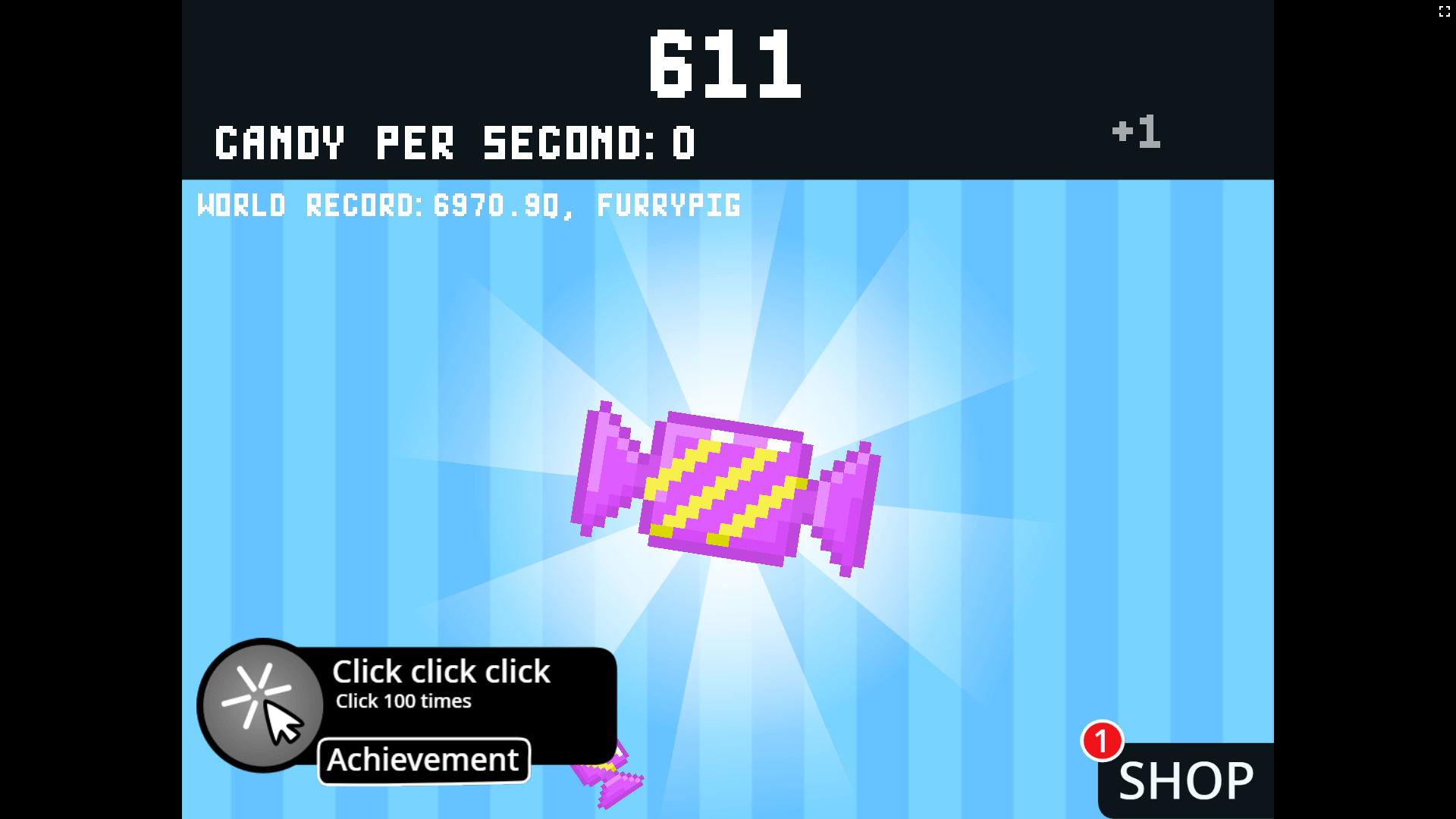 Candy Clicker game screen showing candy count and available upgrades1