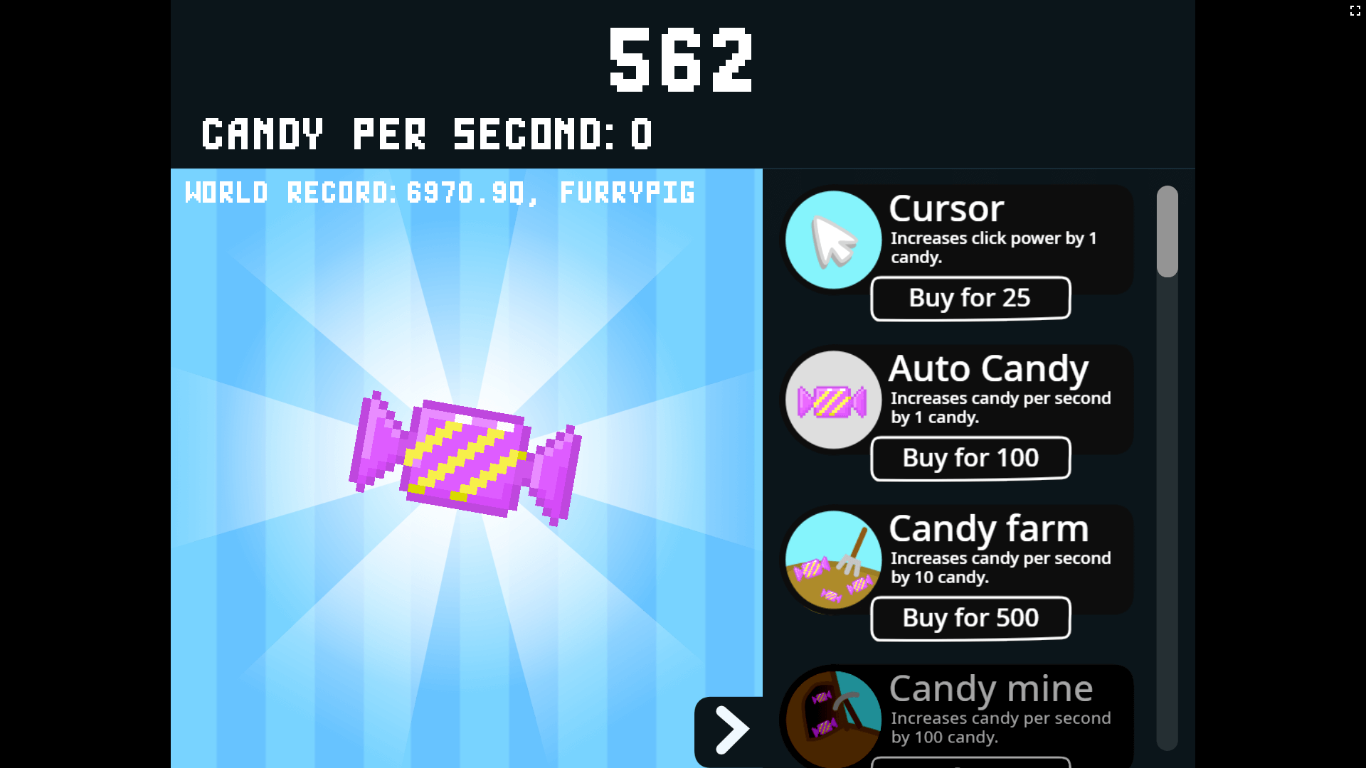 Player clicking on a giant candy to produce sweets in Candy Clicker game