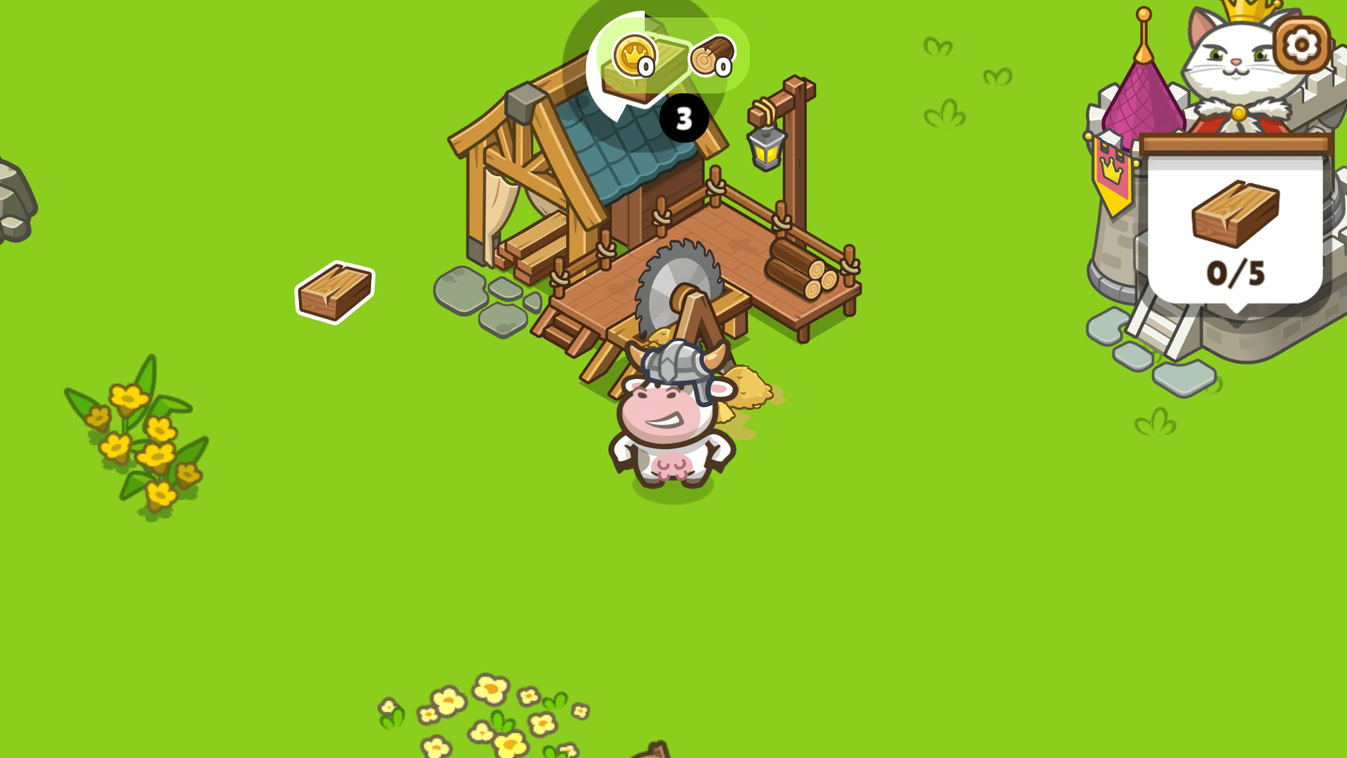 Cow warrior chopping trees to gather resources in Cow Castle game