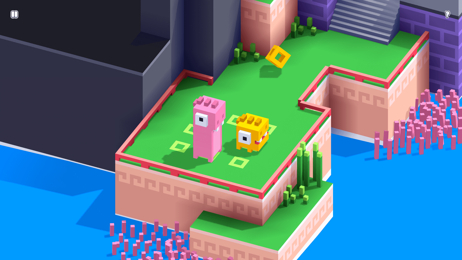 Two cartoon dinosaurs working together to solve a puzzle in Dino Bros3