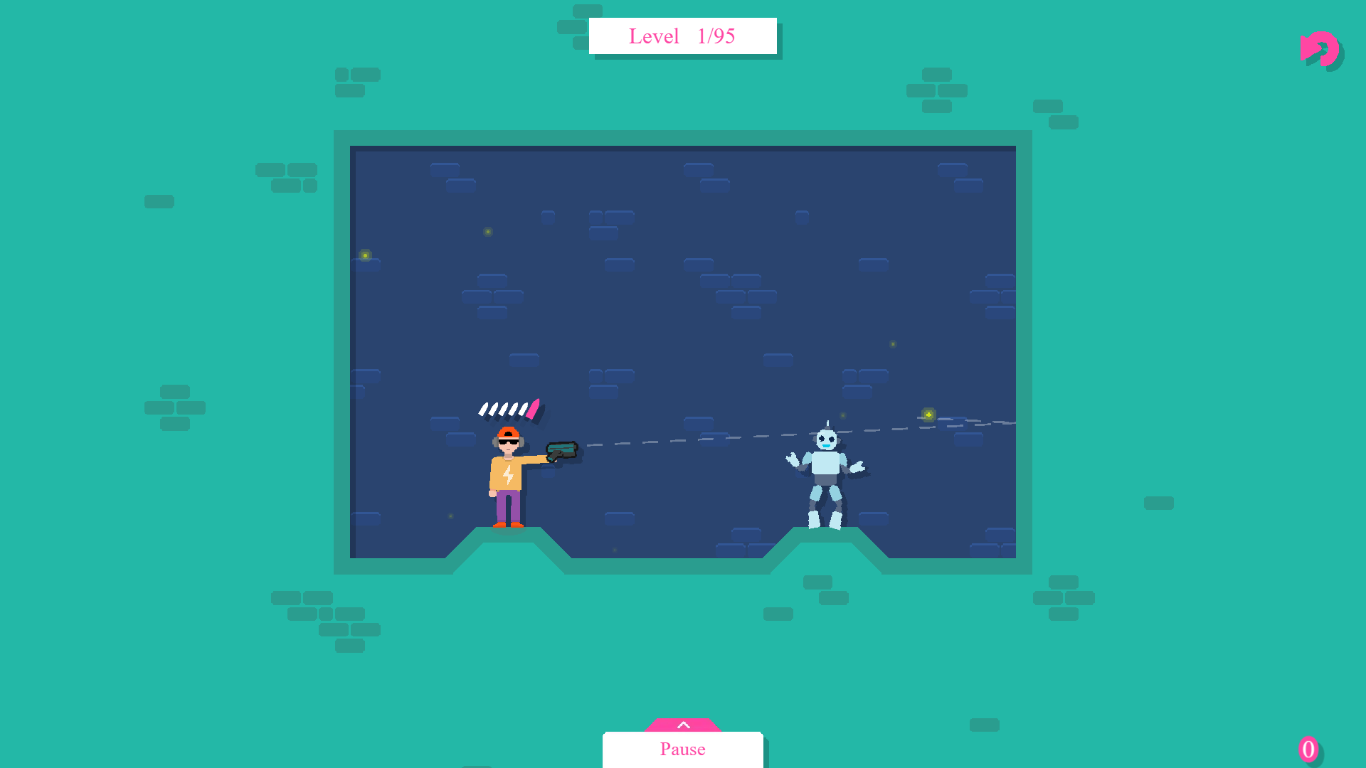 Disco Droids gameplay showing a robot being destroyed by bouncing bullets and explosions in a neon-lit environment