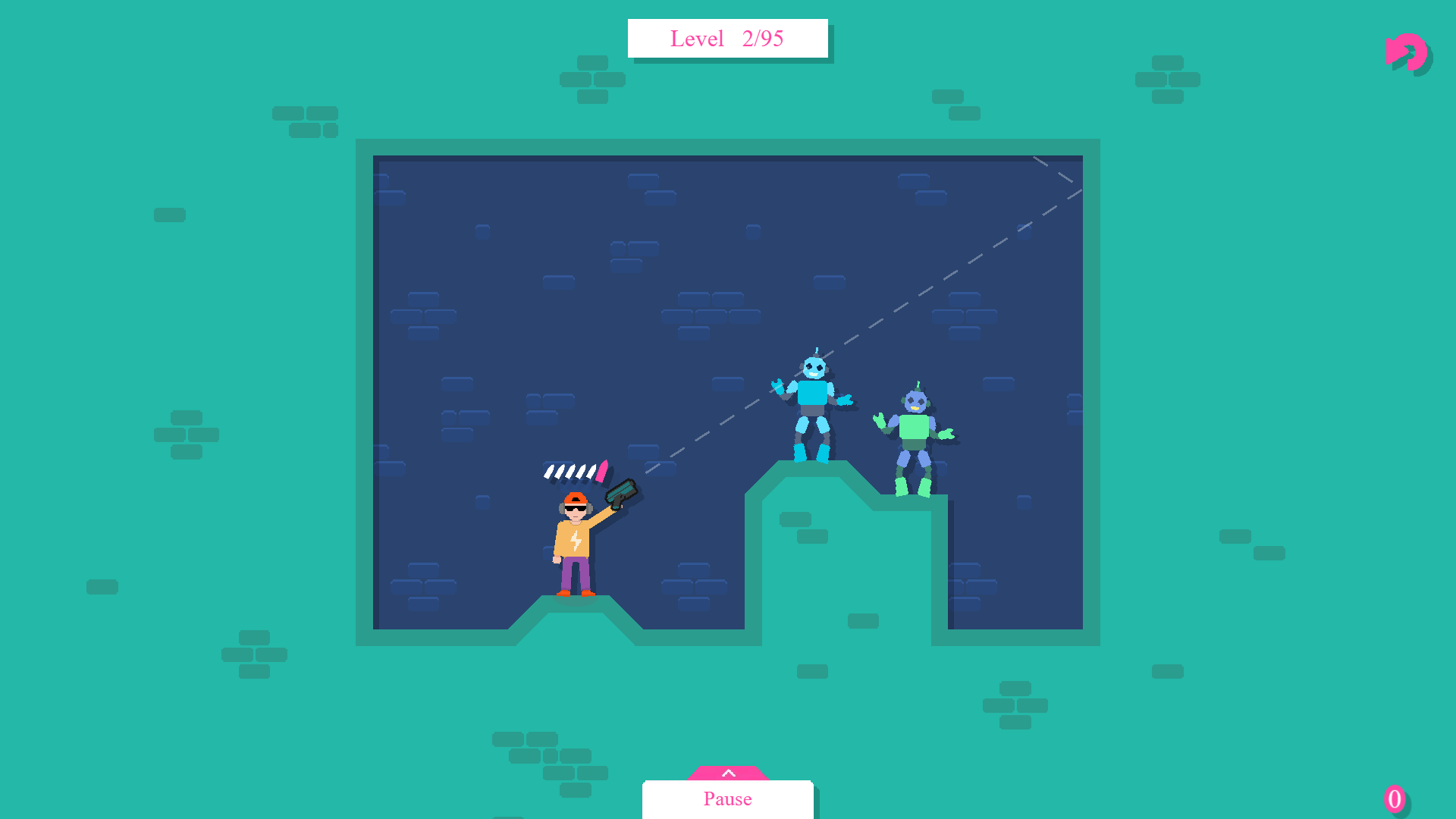 Disco Droids gameplay showing a robot being destroyed by bouncing bullets and explosions in a neon-lit environment1