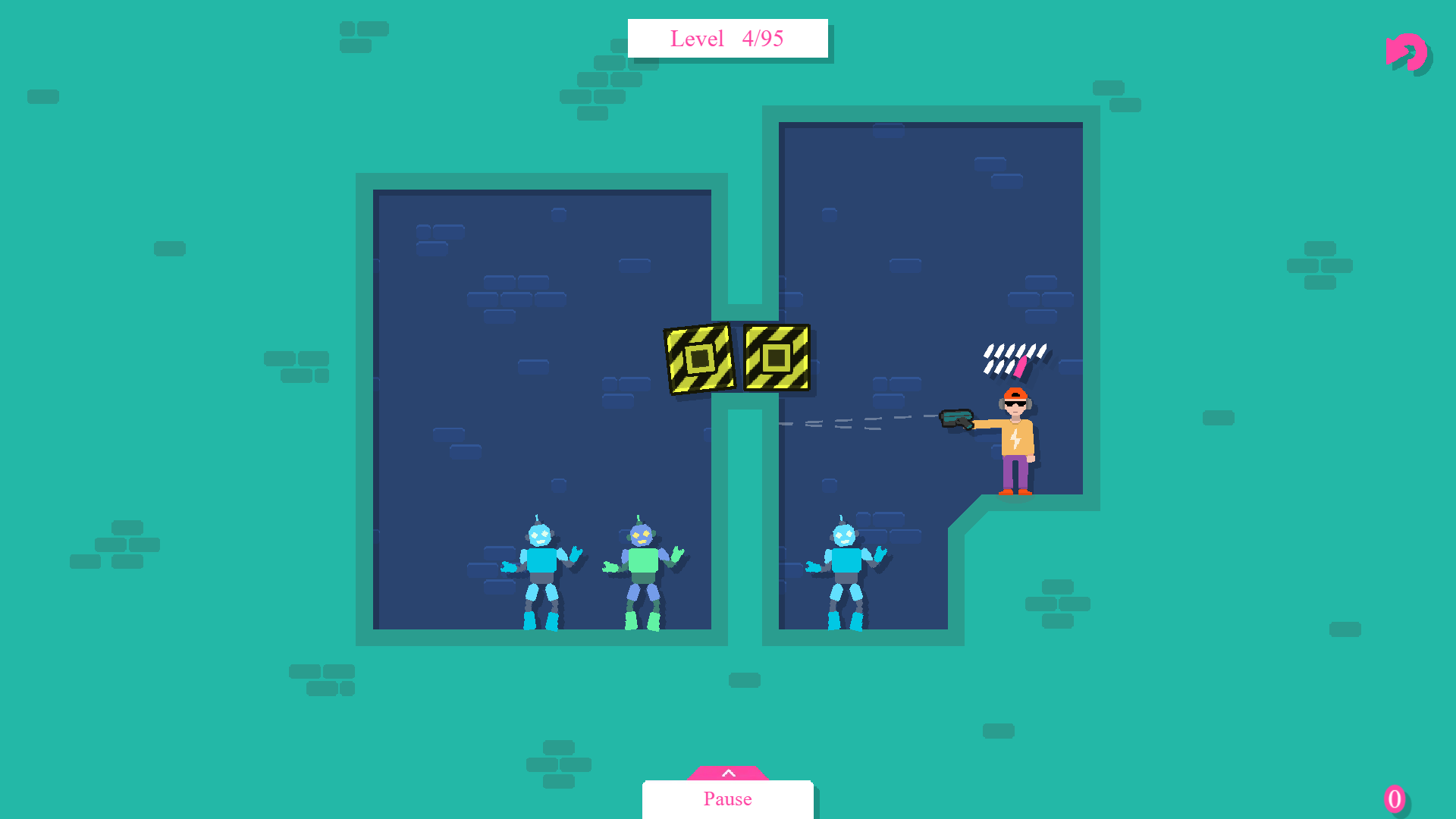 Disco Droids gameplay showing a robot being destroyed by bouncing bullets and explosions in a neon-lit environment3