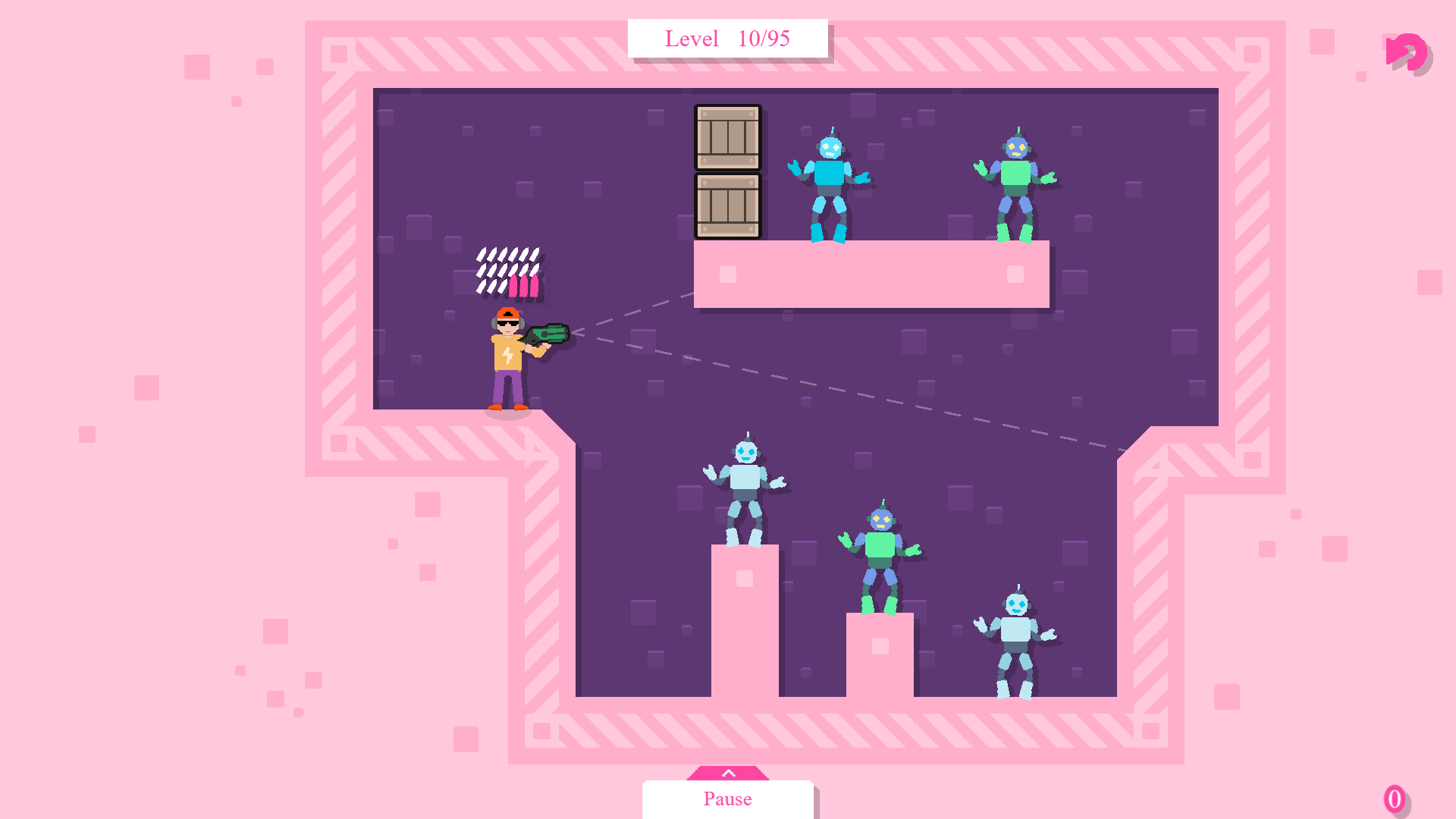 Disco Droids gameplay showing a robot being destroyed by bouncing bullets and explosions in a neon-lit environment4