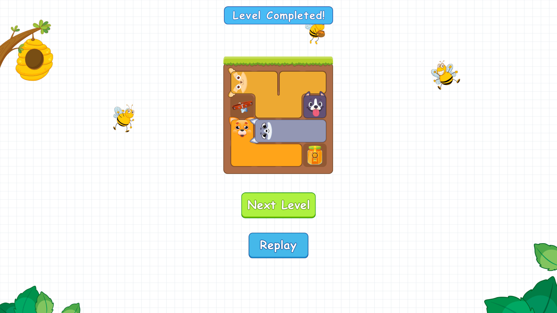 Image showing a completed Doge Blocks level with colorful dog blocks